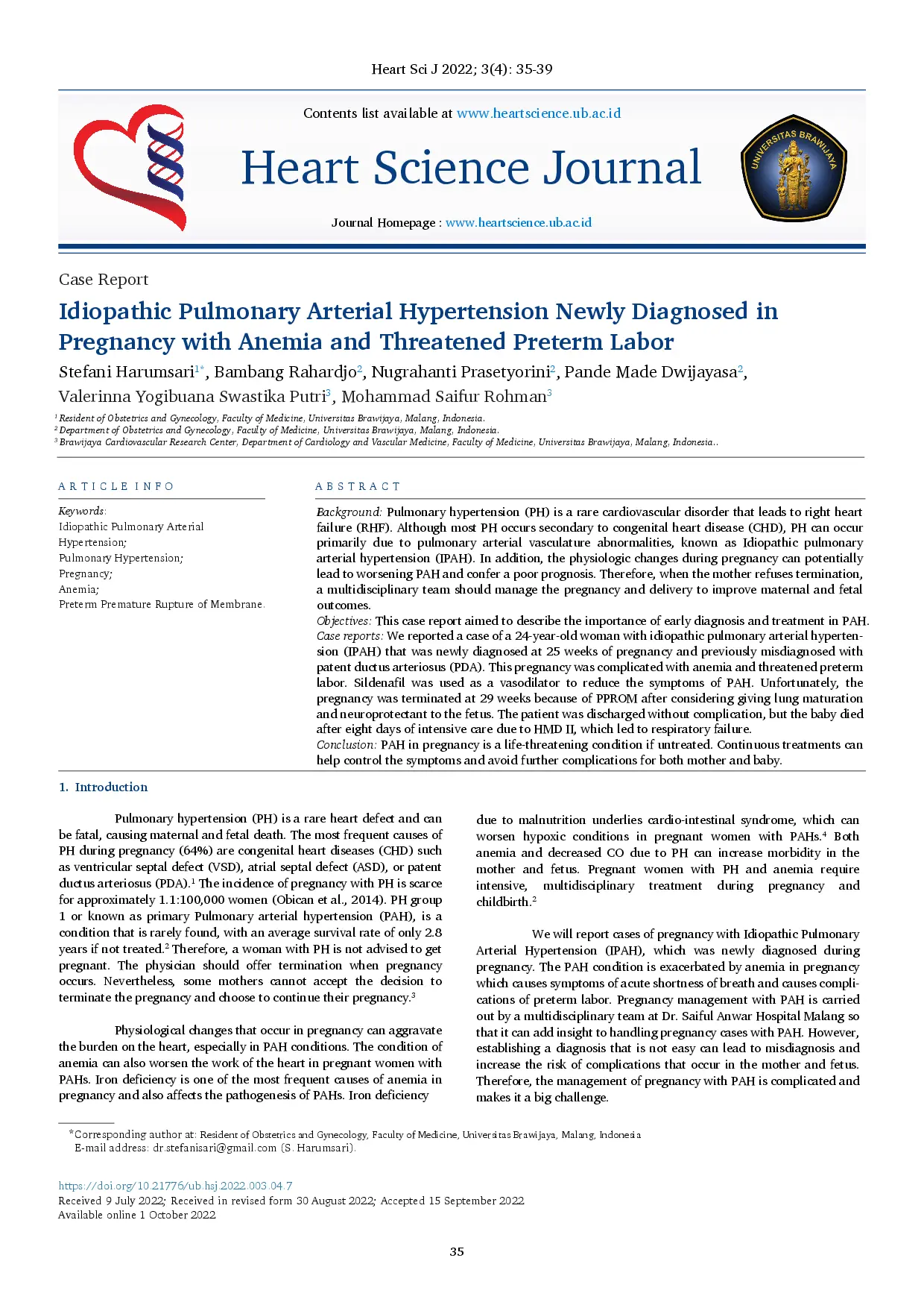 juris Idiopathic Pulmonary Arterial Hypertension Newly Diagnosed in Pregnancy with Anemia and Threatened Preterm Labor