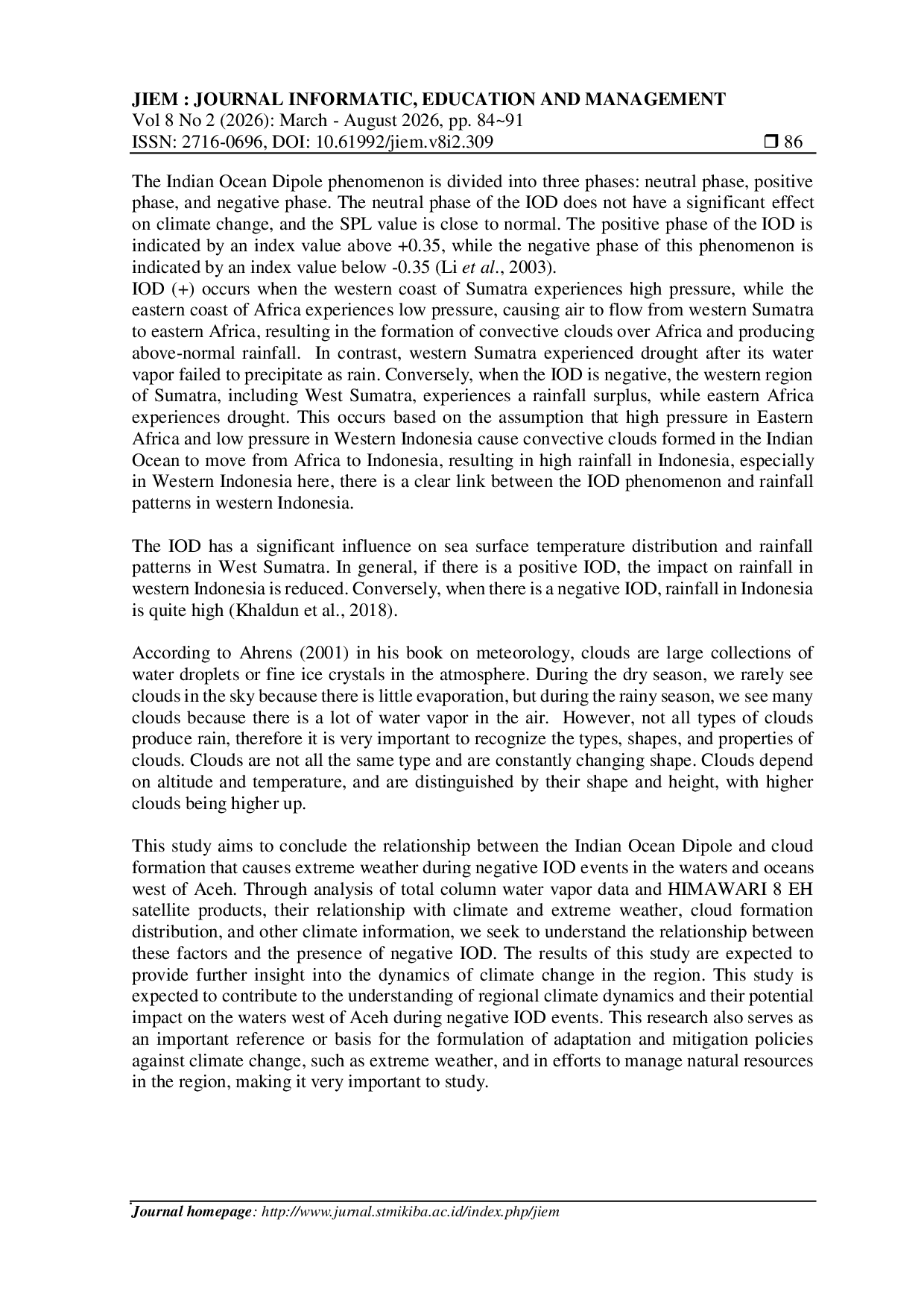 JURIS Spatial Information on the Relationship Between IOD and Total Column Water Vapor in Cloud Formation in the Western Waters of Aceh in 2022