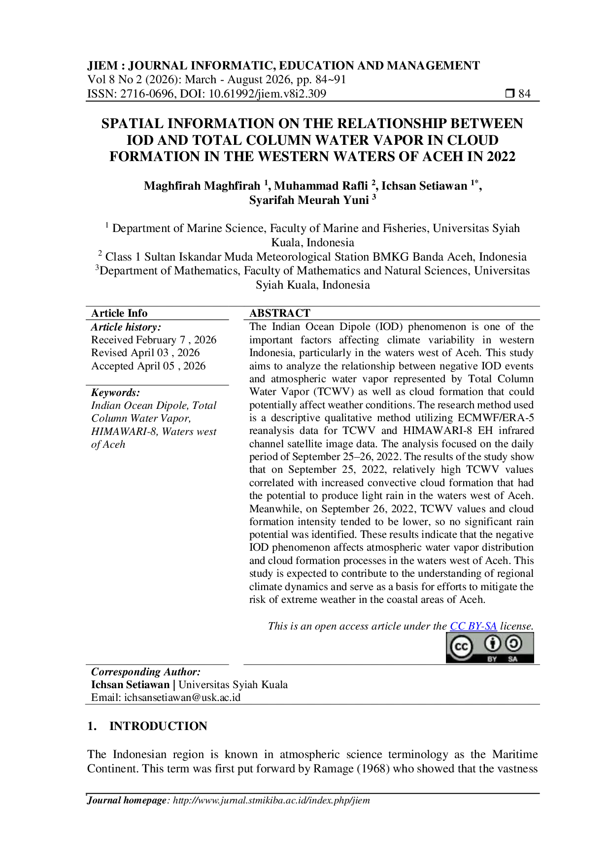 JURIS Spatial Information on the Relationship Between IOD and Total Column Water Vapor in Cloud Formation in the Western Waters of Aceh in 2022
