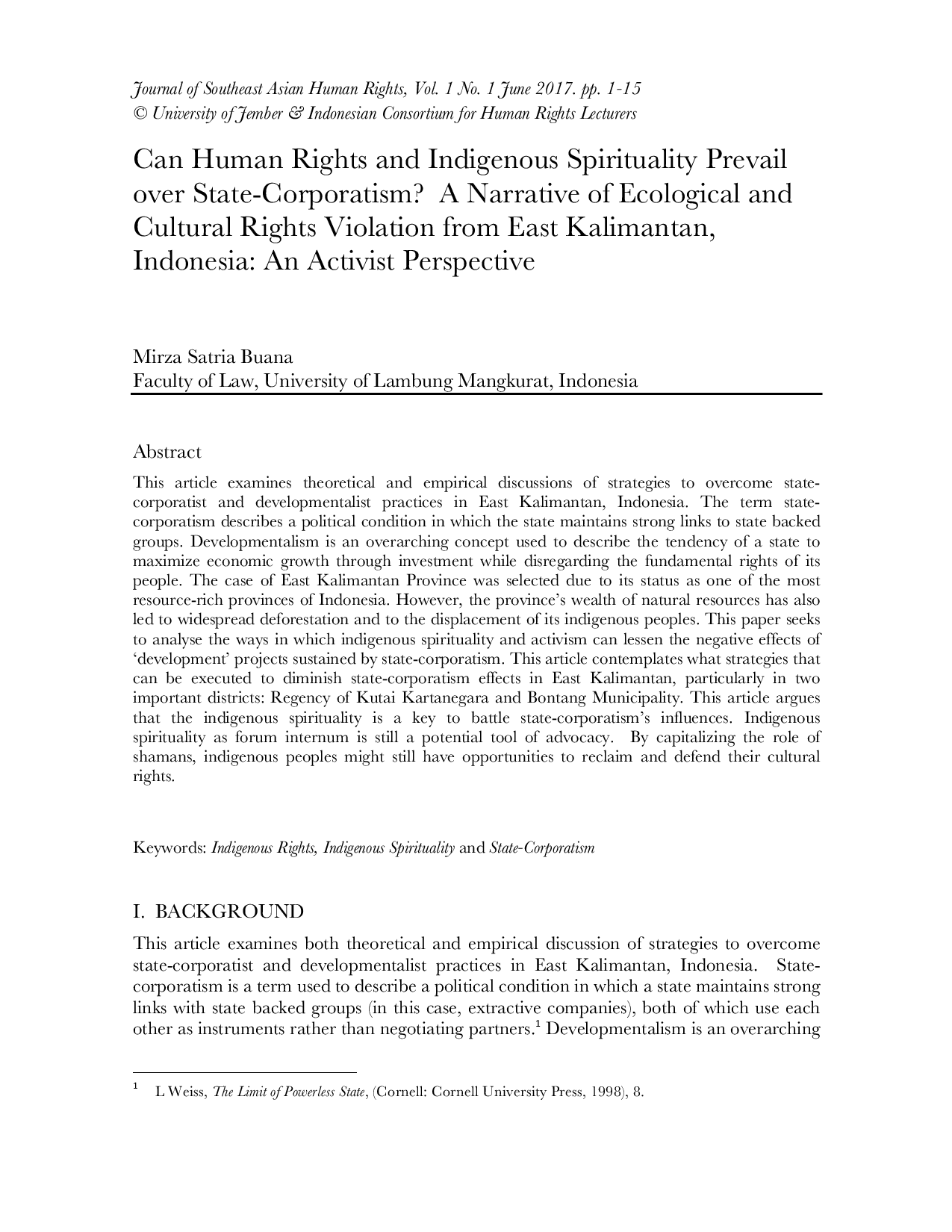 juris Can Human Rights and Indigenous Spirituality Prevail over State Corporatism A Narrative of Ecological and Cultural Rights Violation from East Kalimantan Indonesia An Activist Perspective