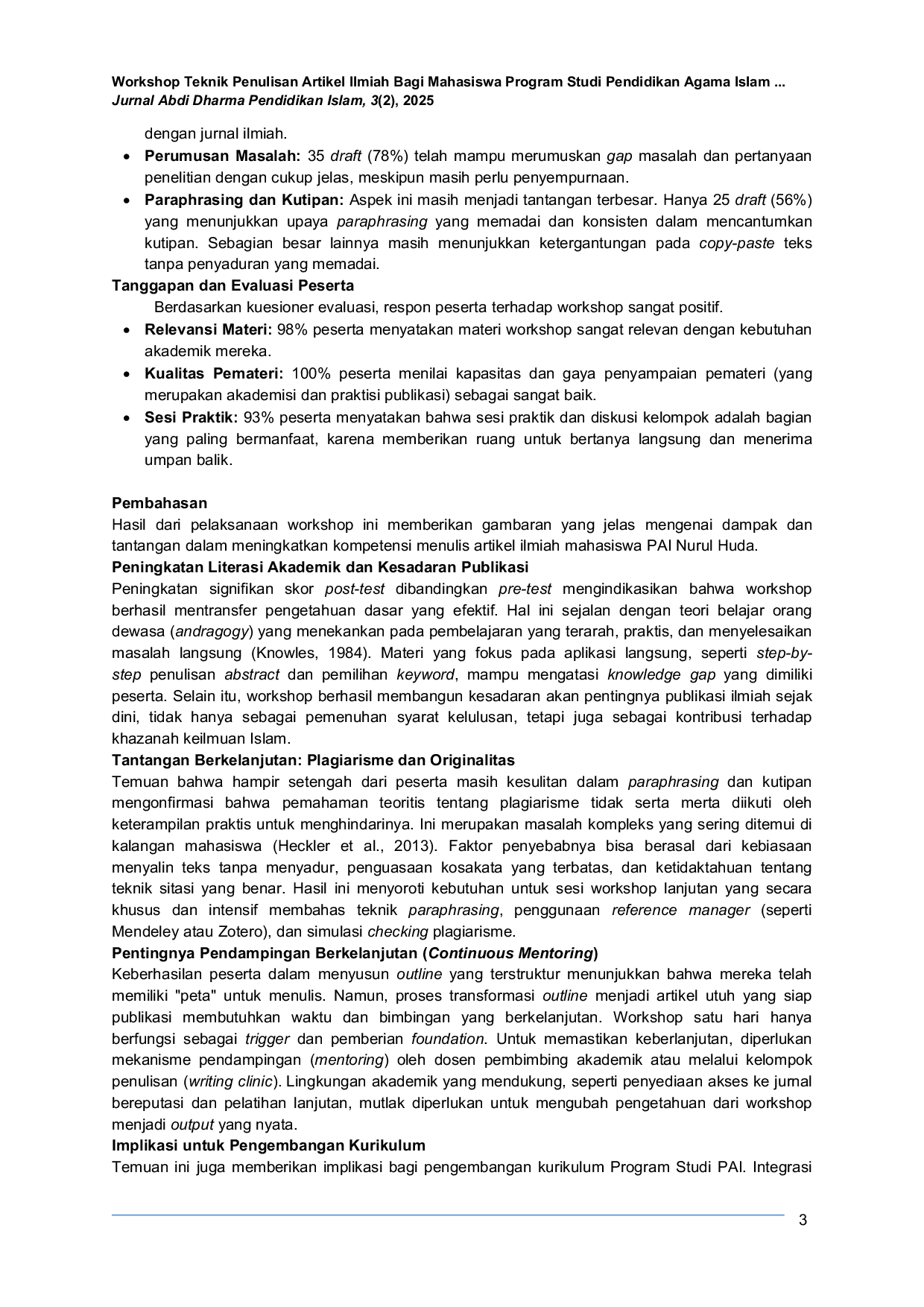 JURIS Scientific Article Writing Workshop for Students of the Islamic Religious Education Study Program at Nurul Huda