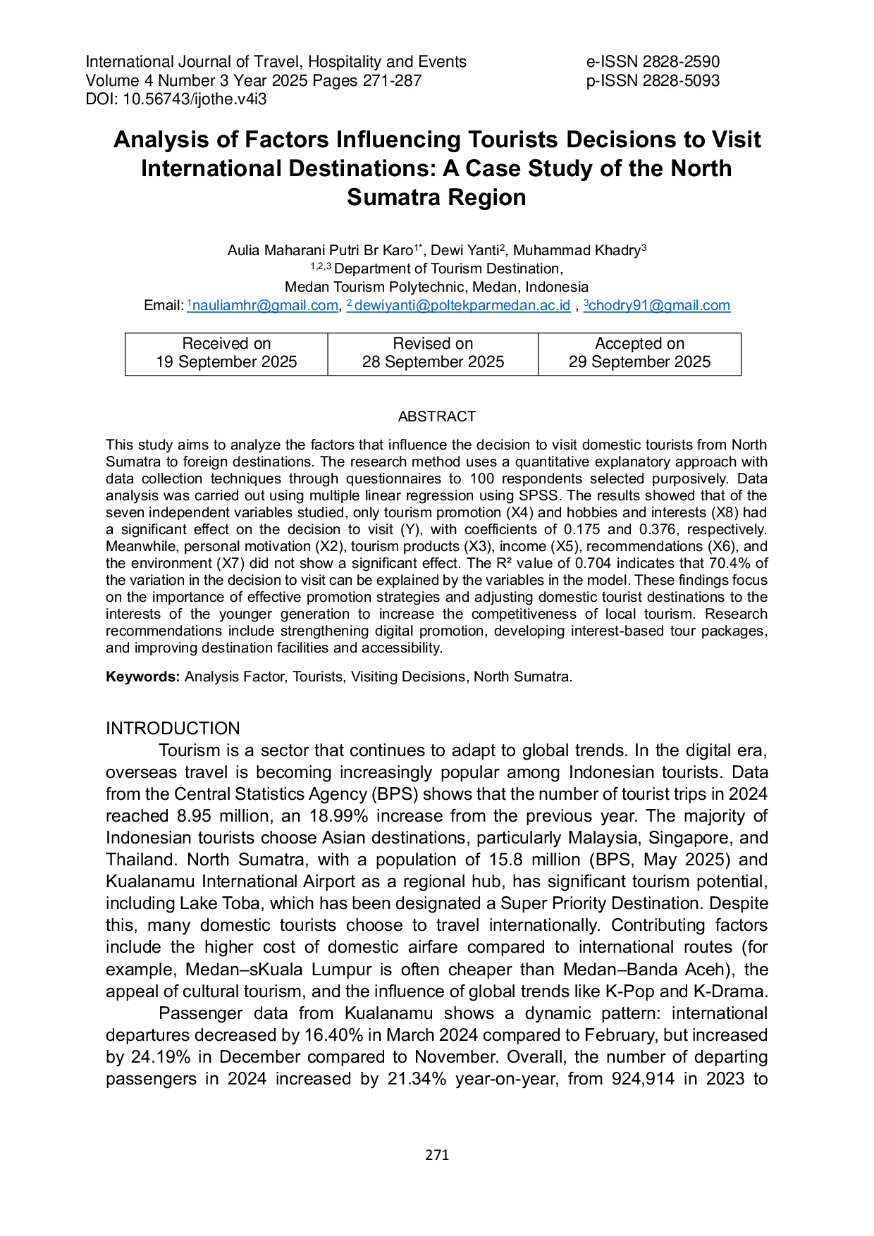 JURIS Analysis of Factors Influencing Domestic Tourists Decisions to Visit International Destinations A Case Study of the North Sumatra Region