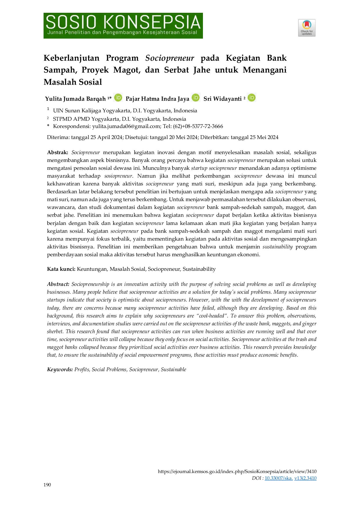 JURIS Keberlanjutan Program Sociopreneur pada Kegiatan Bank Sampah Proyek Magot dan Serbat Jahe untuk Menangani Masalah Sosial