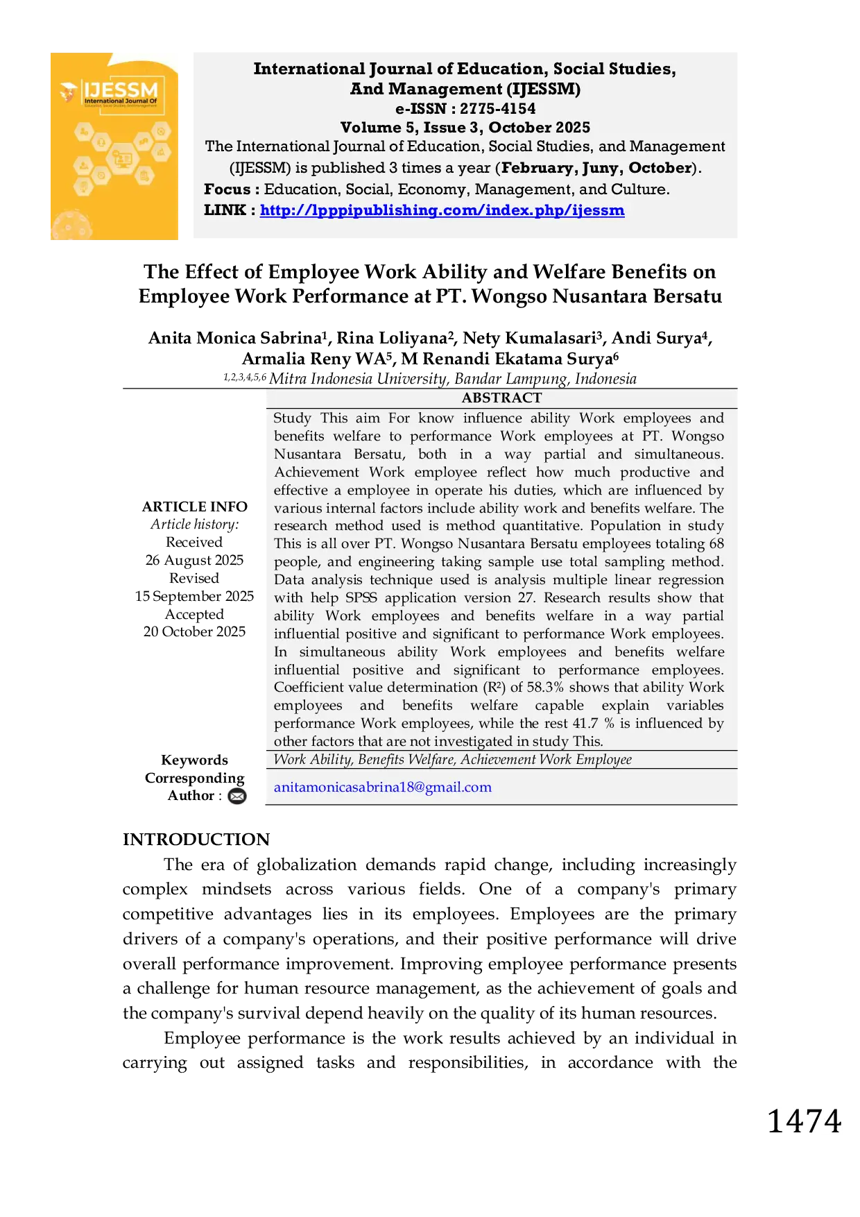 JURIS The Effect of Employee Work Ability and Welfare Benefits on Employee Work Performance at PT Wongso Nusantara Bersatu
