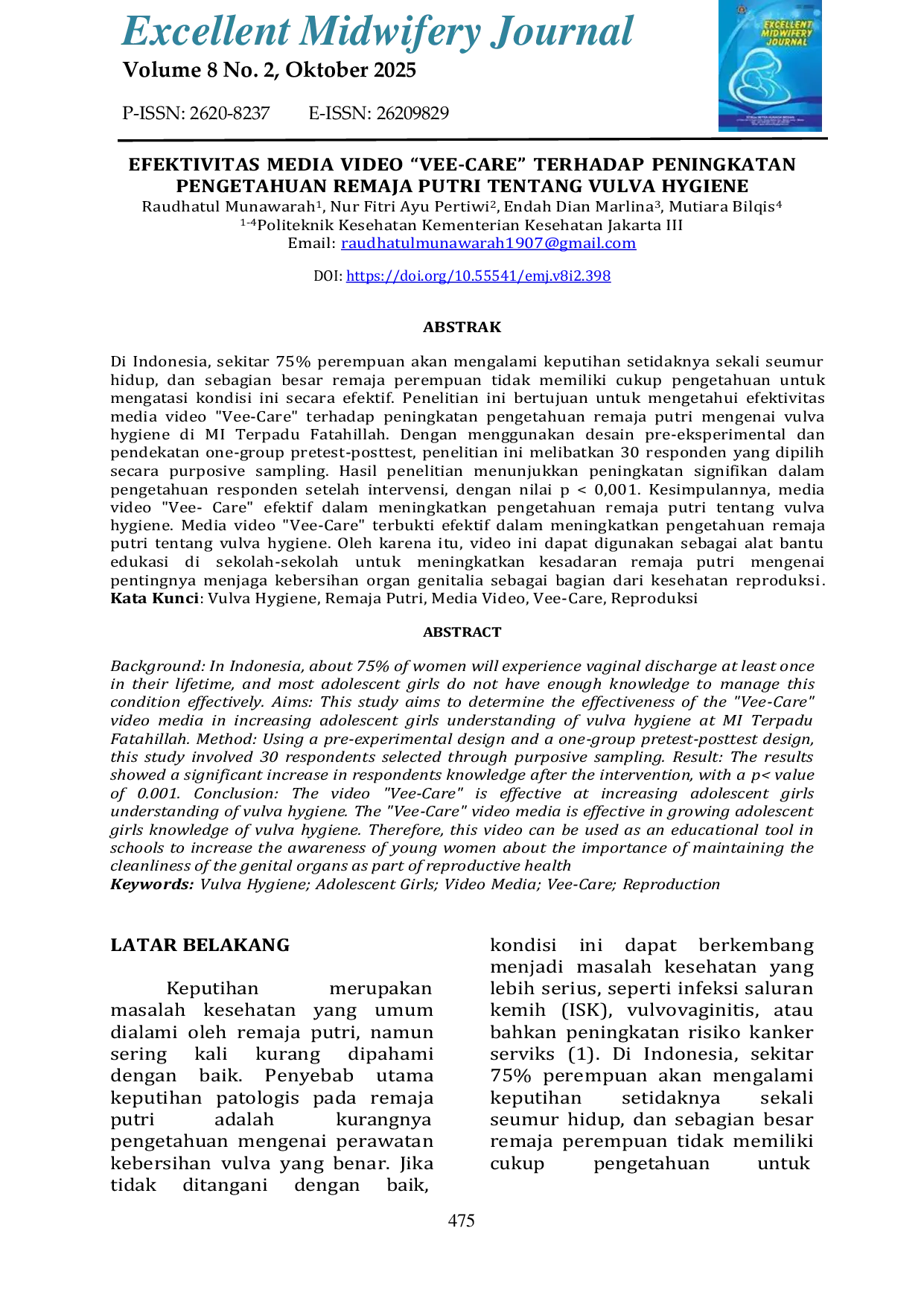 JURIS Efektivitas Media Video Vee Care Terhadap Peningkatan Pengetahuan Remaja Putri Tentang Vulva Hygiene