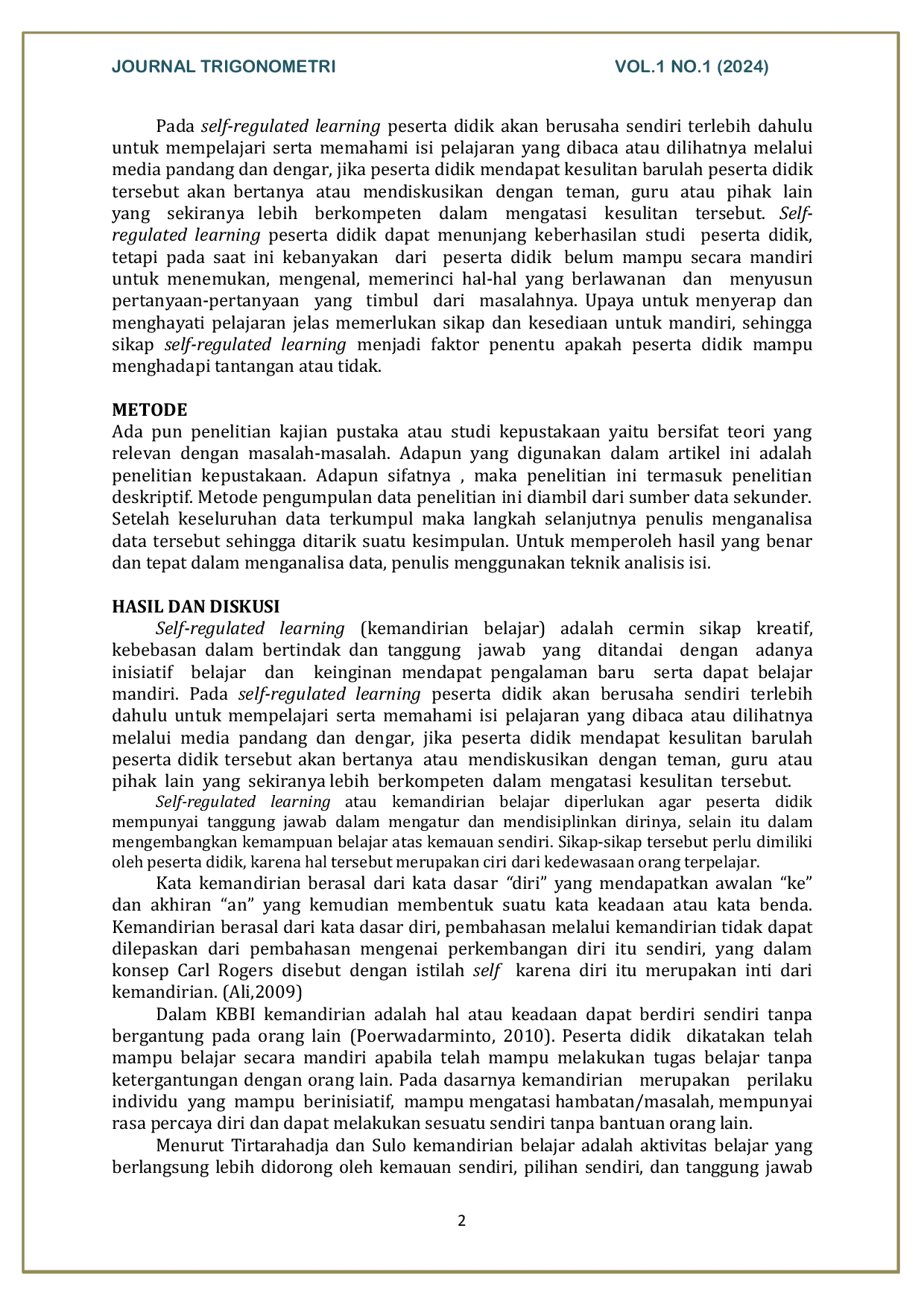 JURIS Self Regulated Learning dalam Proses Belajar Matematika Sekolah