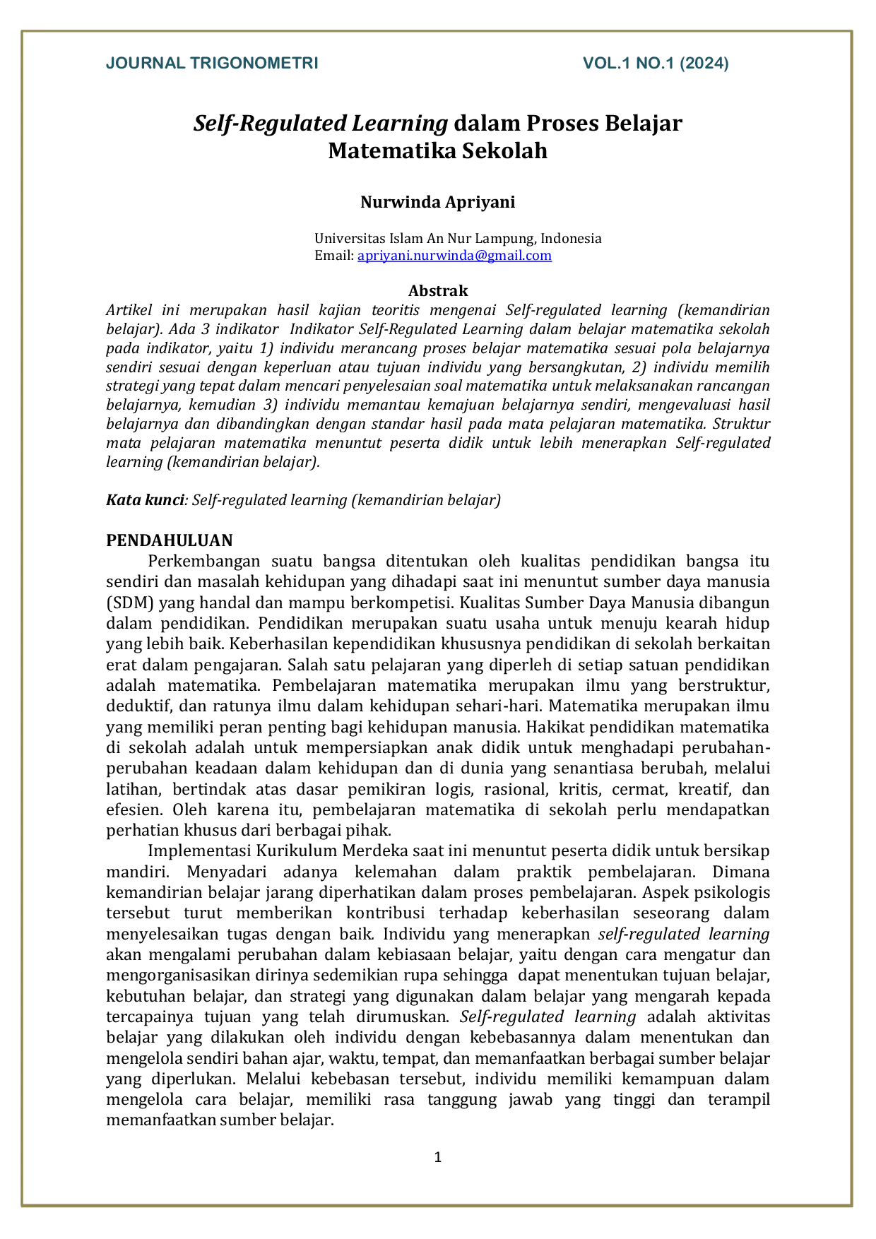 JURIS Self Regulated Learning dalam Proses Belajar Matematika Sekolah