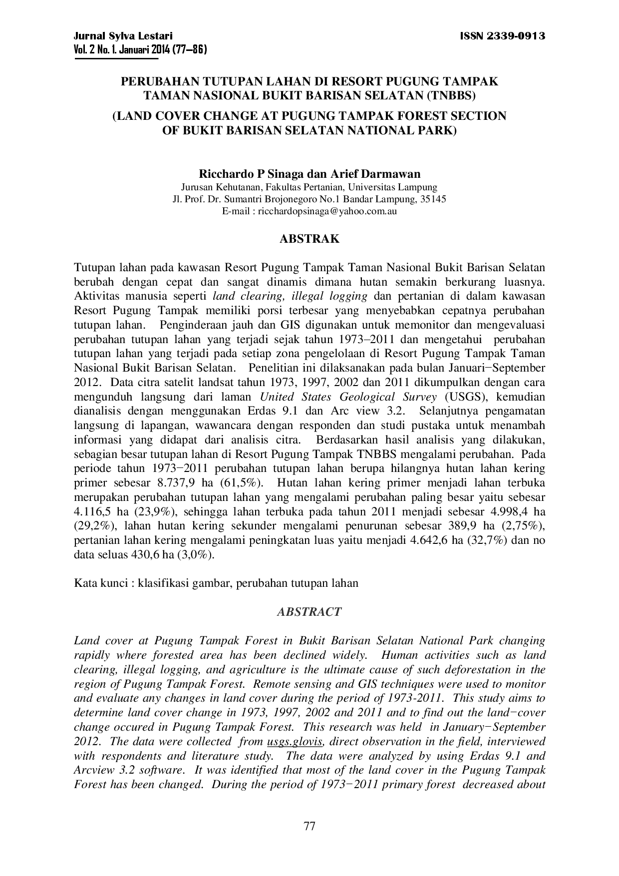 juris Perubahan Tutupan Lahan Di Resort Pugung Tampak Taman Nasional Bukit Barisan Selatan TNBBS