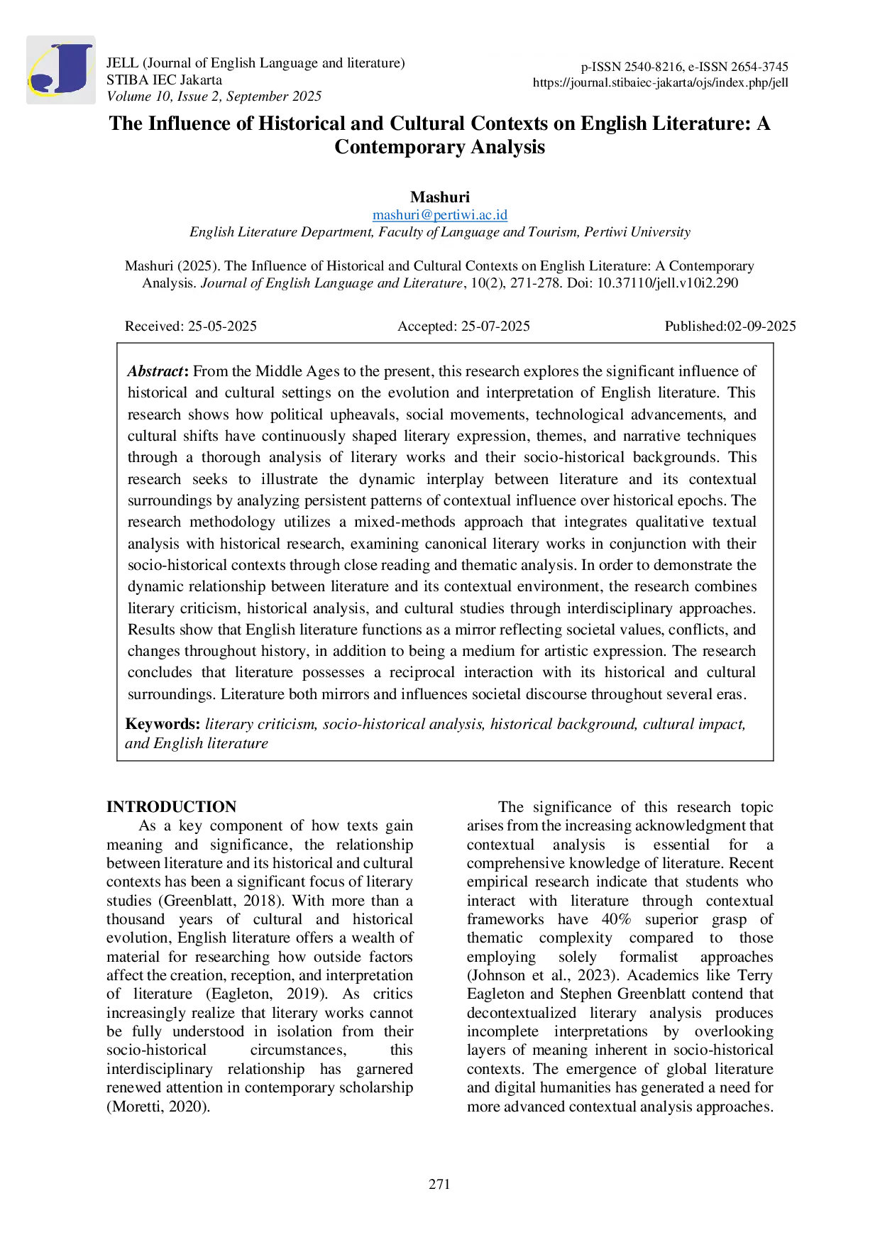 JURIS The Influence of Historical and Cultural Contexts on English Literature A Contemporary Analysis