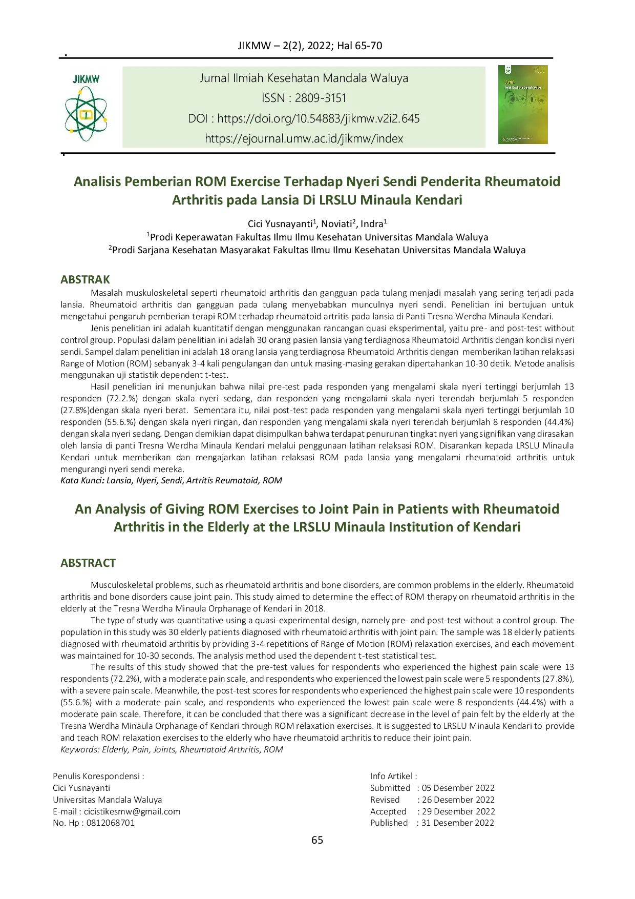 JURIS Analisis Pemberian Rom Exercise terhadap Nyeri Sendi Penderita Rheumatoid Arthritis pada Lansia di LRSLU Minaula Kendari