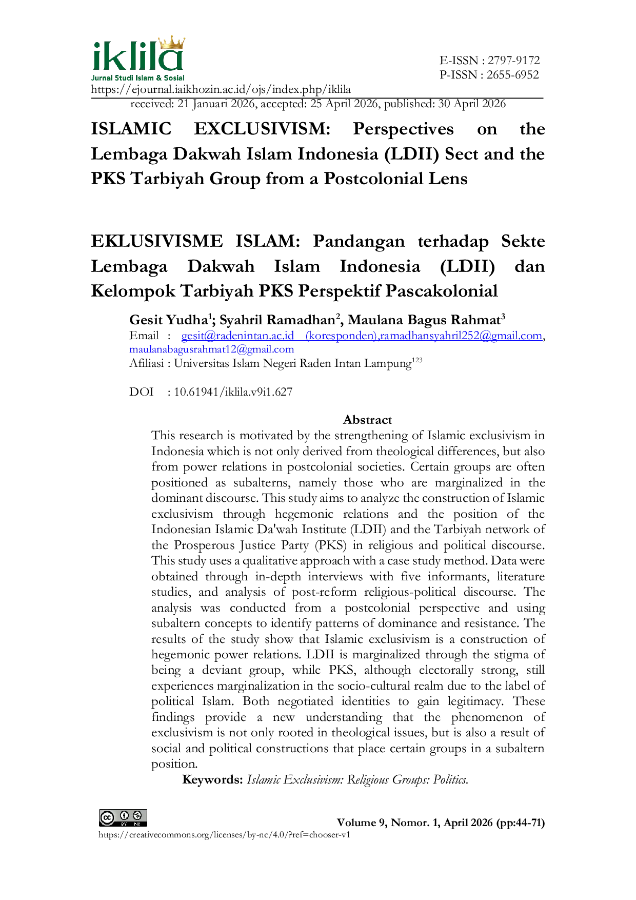 JURIS ISLAMIC EXCLUSIVISM Perspectives on the Lembaga Dakwah Islam Indonesia LDII Sect and the PKS Tarbiyah Group from a Postcolonial Lens EKLUSIVISME ISLAM Pandangan terhadap Sekte Lembaga Dakwah Isl