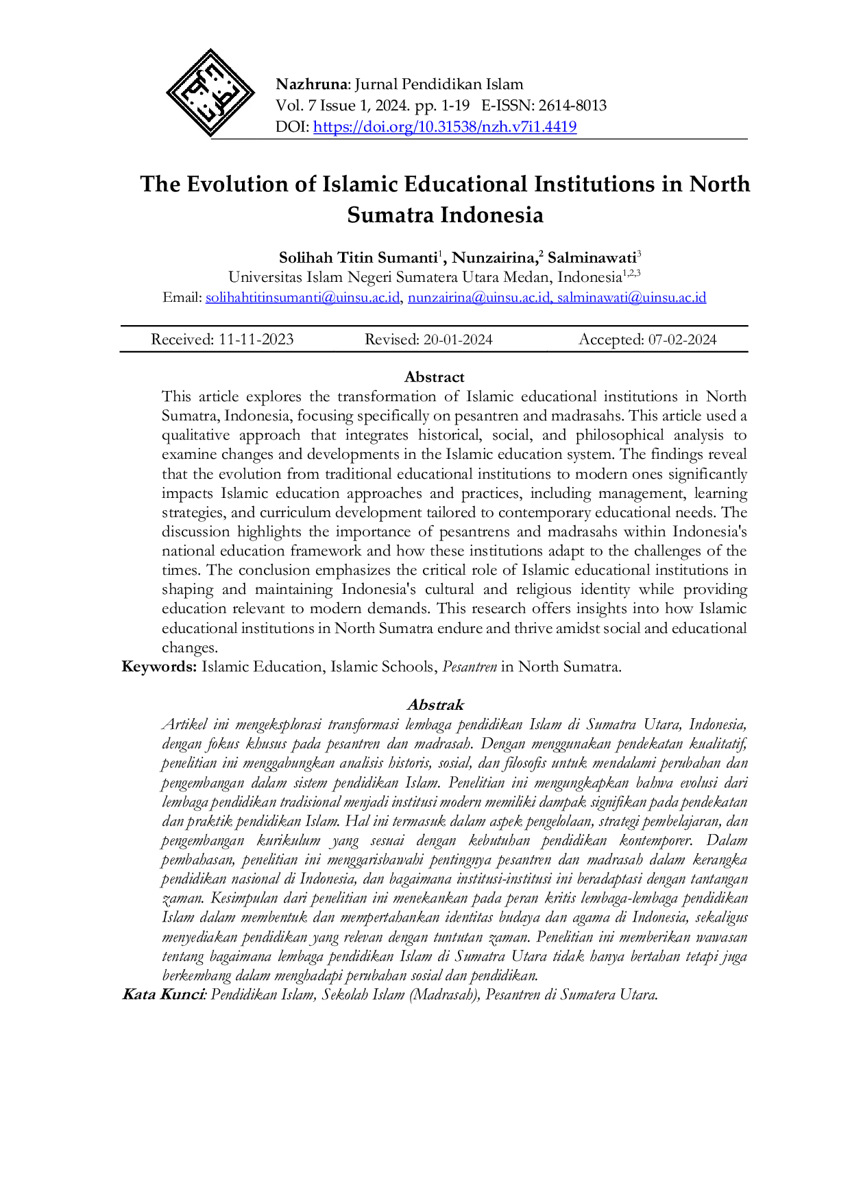 JURIS The Evolution of Islamic Educational Institutions in North Sumatra Indonesia