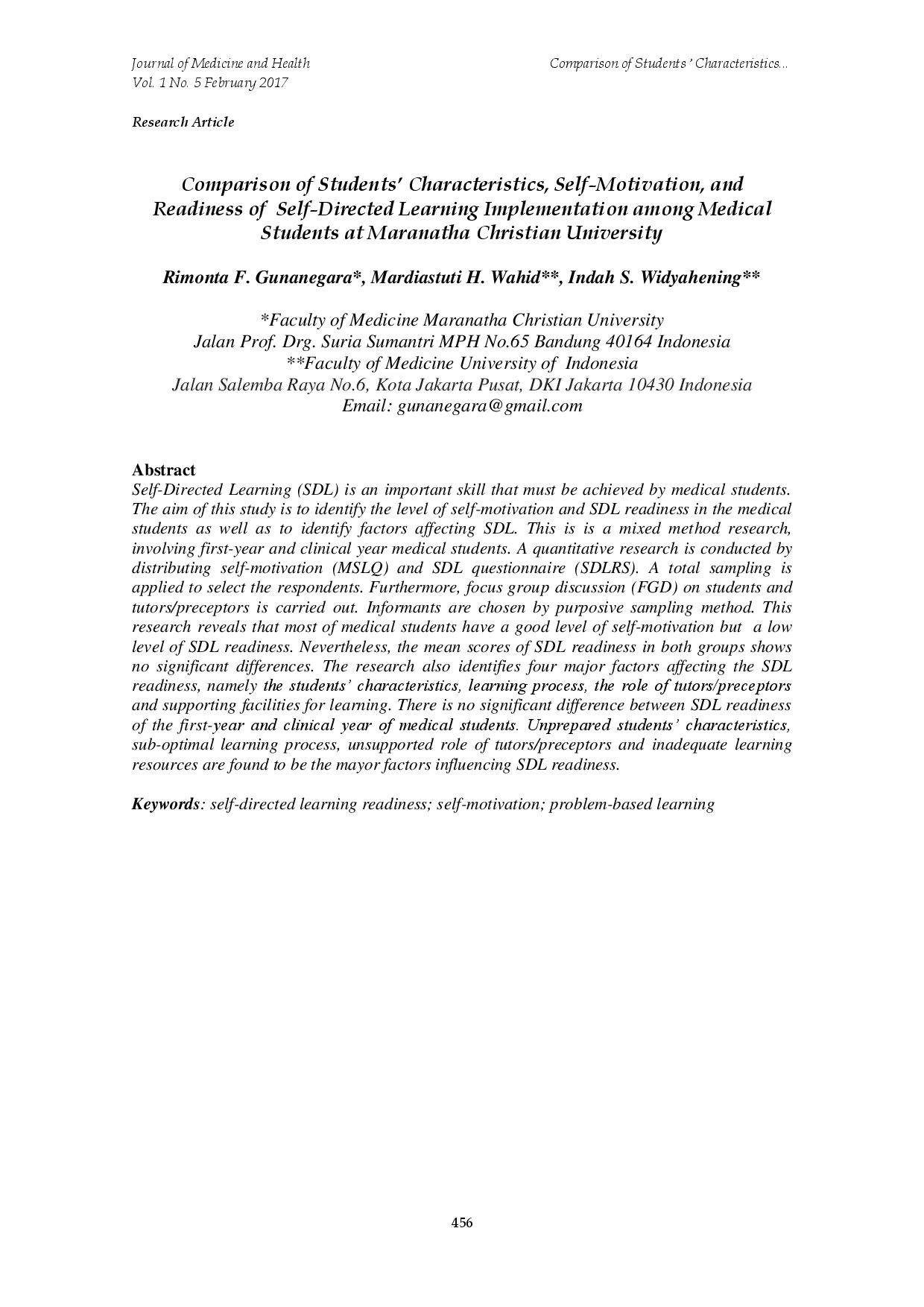 juris Comparison of Students Characteristics Self Motivation and Readiness of Self Directed Learning Implementation among Medical Students at Maranatha Christian University