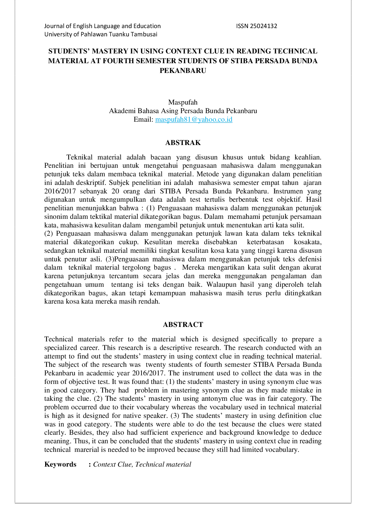 JURIS Students Mastery in Using Context Clue in Reading Technical Material