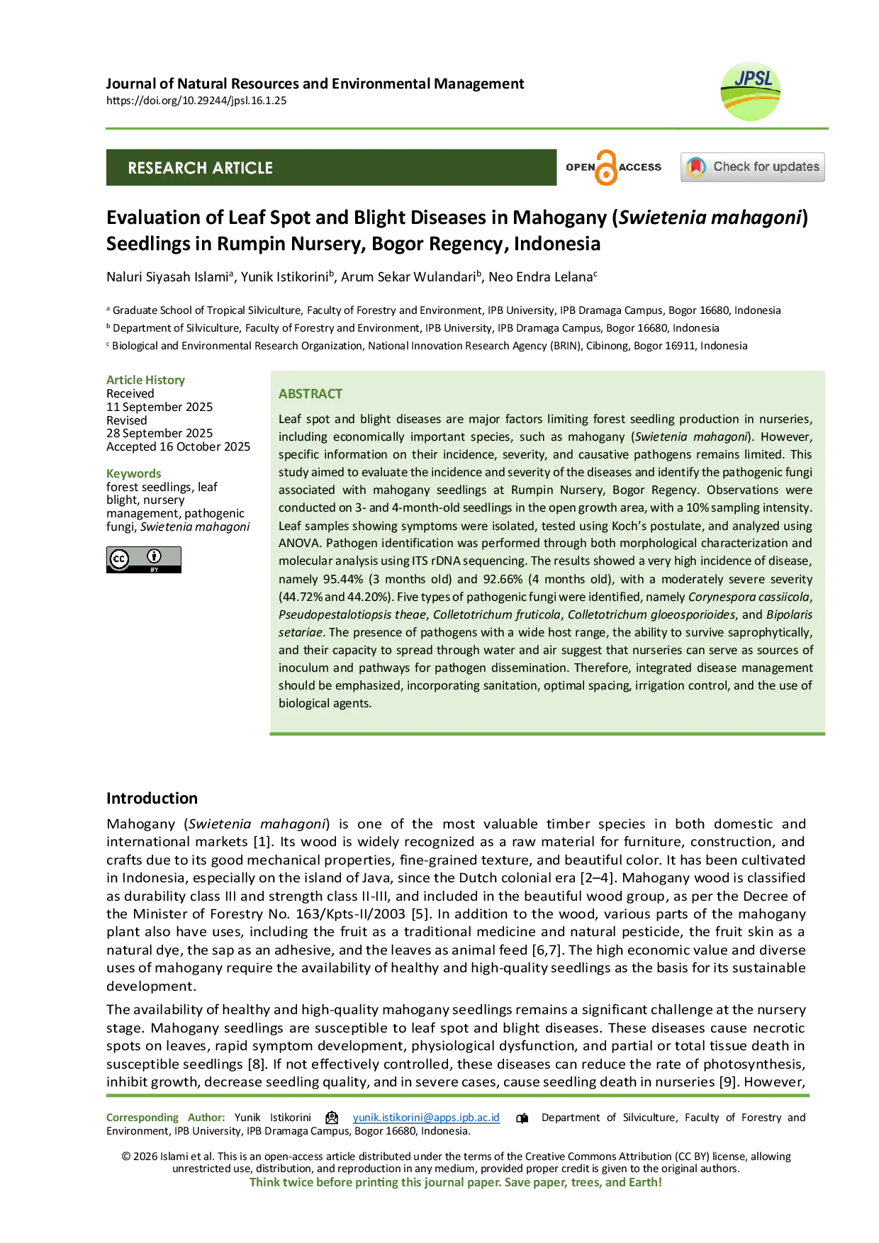 JURIS Evaluation of Leaf Spot and Blight Diseases in Mahogany Swietenia mahagoni Seedlings in Rumpin Nursery Bogor Regency Indonesia