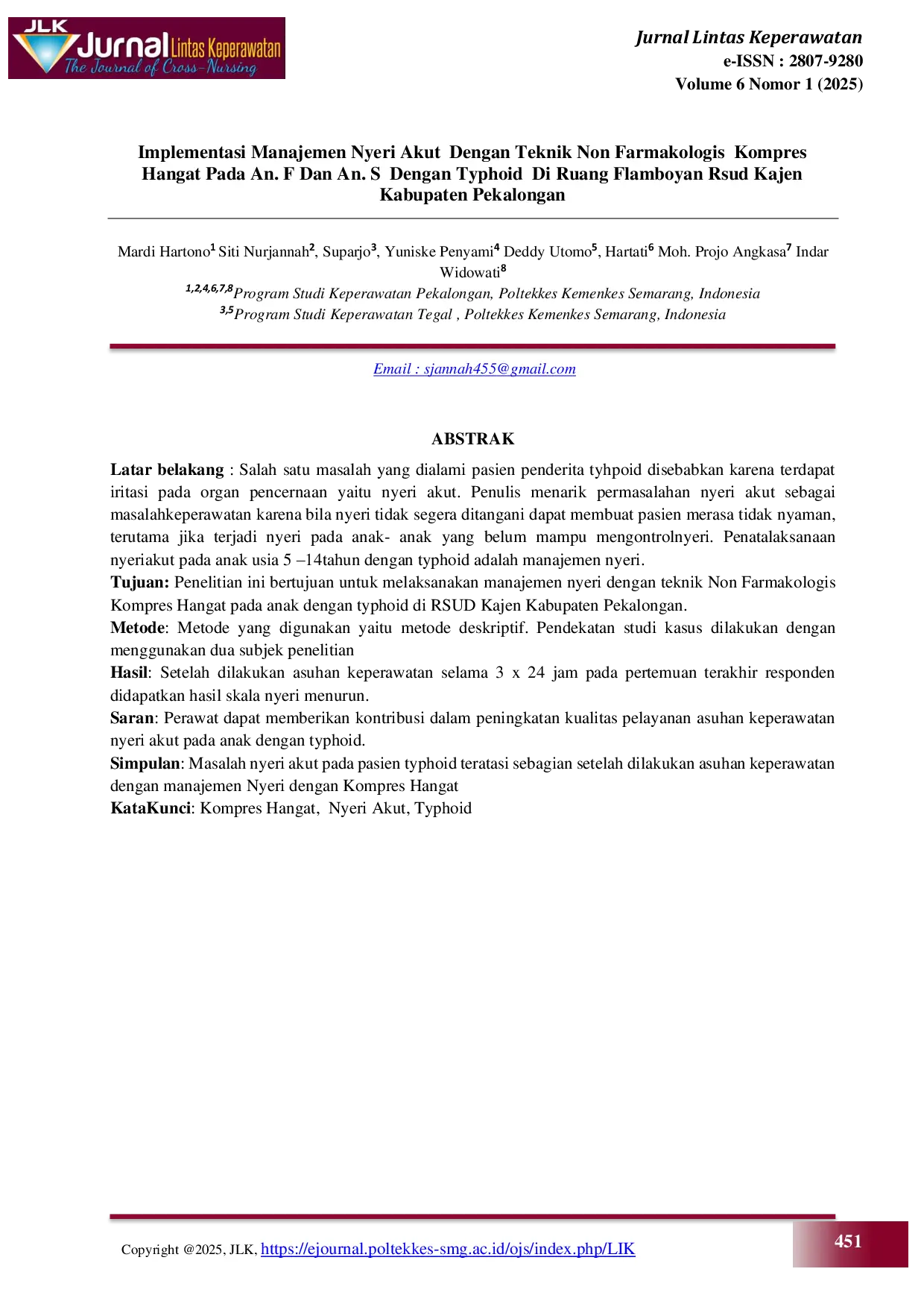 JURIS Implementasi Manajemen Nyeri Akut Dengan Teknik Non Farmakologis Kompres Hangat Pada An F Dan An S Dengan Typhoid Di Ruang Flamboyan Rsud Kajen Kabupaten Pekalongan