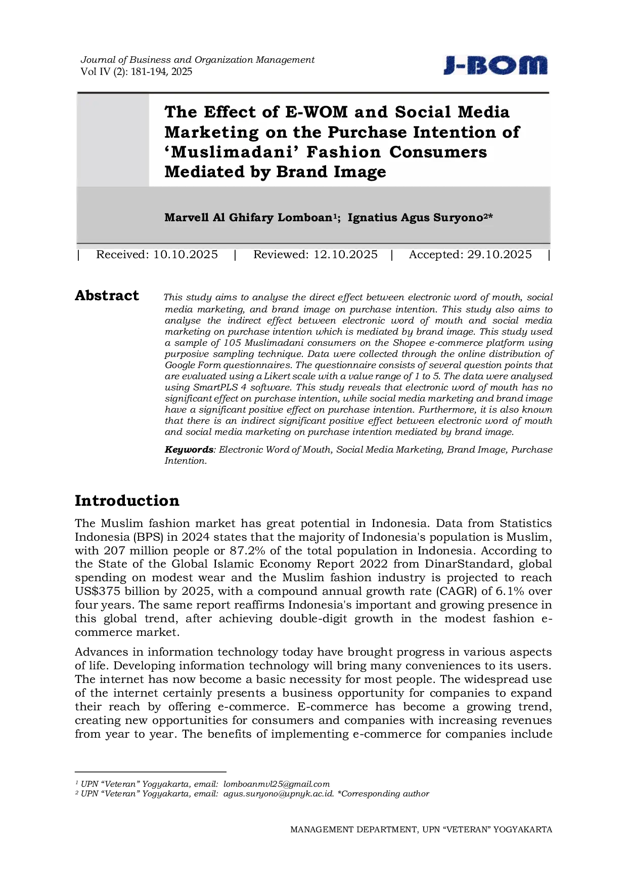 JURIS The Effect of E WOM and Social Media Marketing on the Purchase Intention of Muslimadani Fashion Consumers Mediated by Brand Image