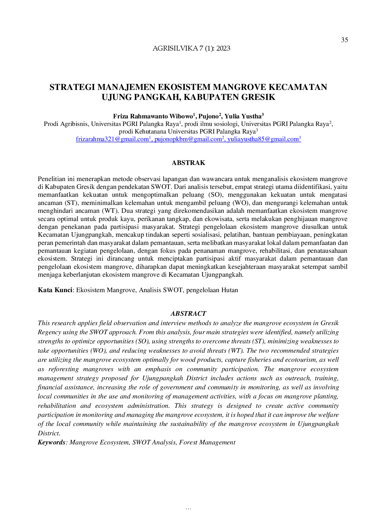 JURIS Strategi Manajemen Ekosistem Mangrove Kecamatan Ujung Pangkah Kabupaten Gresik