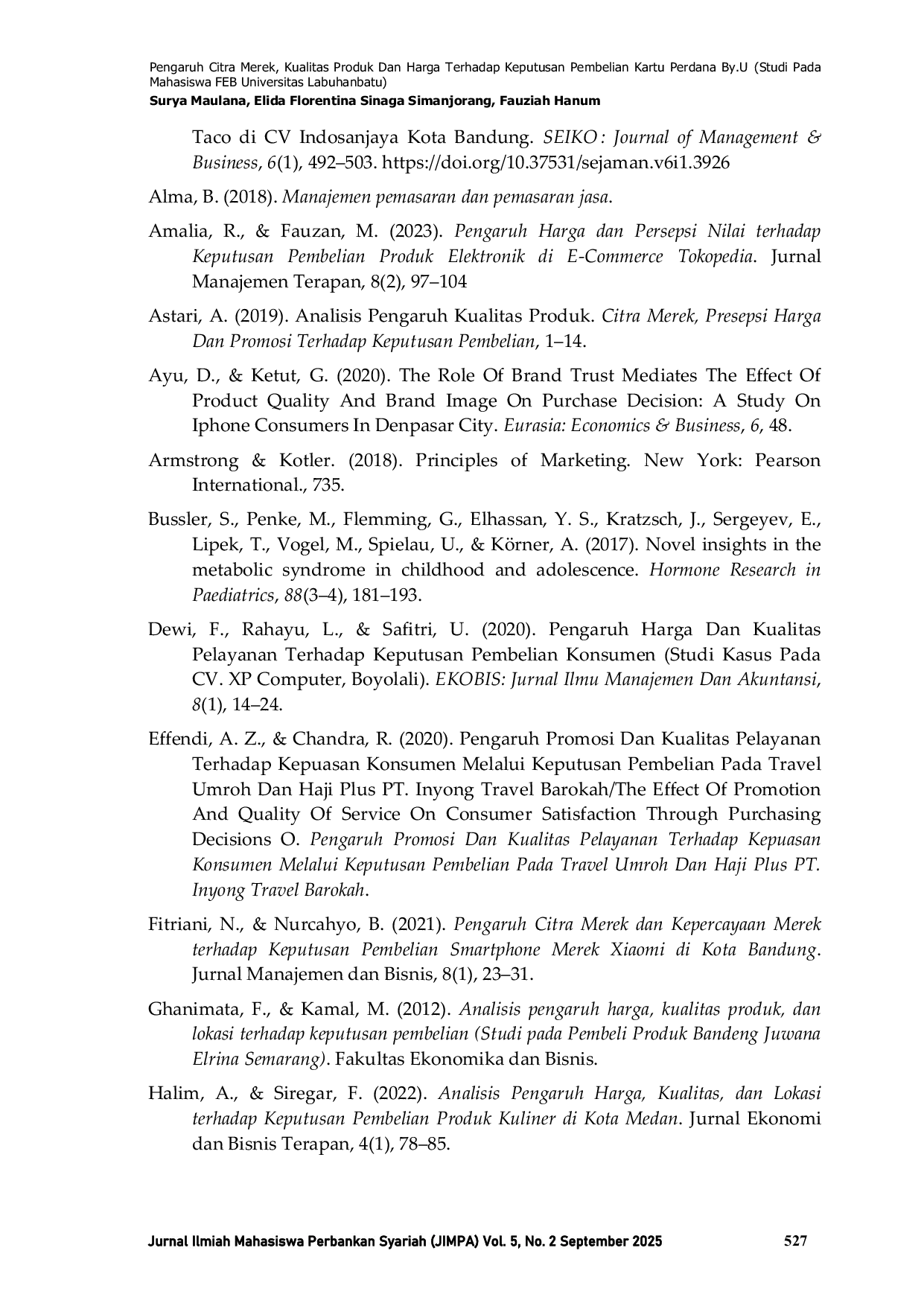 JURIS Pengaruh Citra Merek Kualitas Produk Dan Harga Terhadap Keputusan Pembelian Kartu Perdana By U Studi Pada Mahasiswa FEB Universitas Labuhanbatu