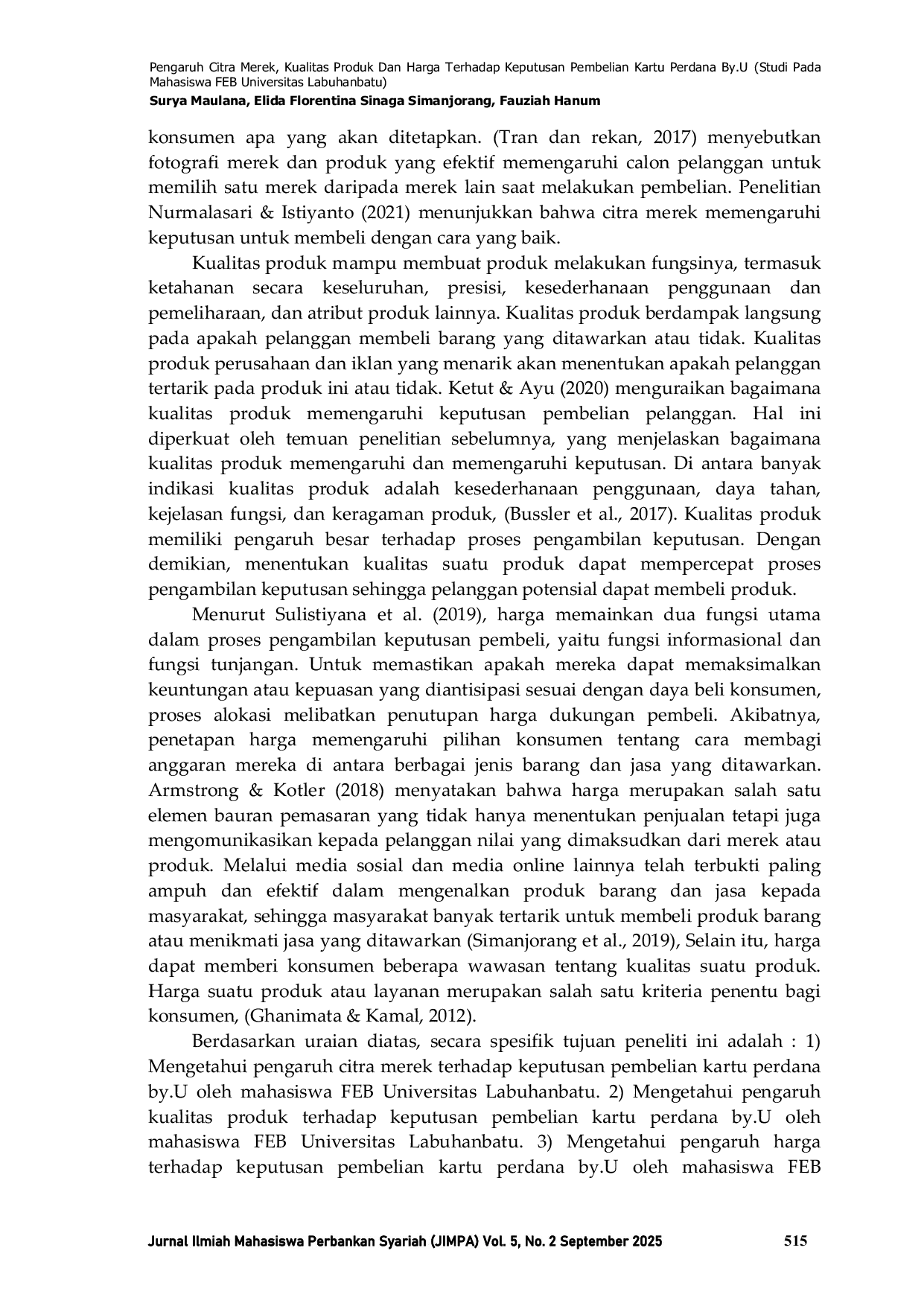 JURIS Pengaruh Citra Merek Kualitas Produk Dan Harga Terhadap Keputusan Pembelian Kartu Perdana By U Studi Pada Mahasiswa FEB Universitas Labuhanbatu