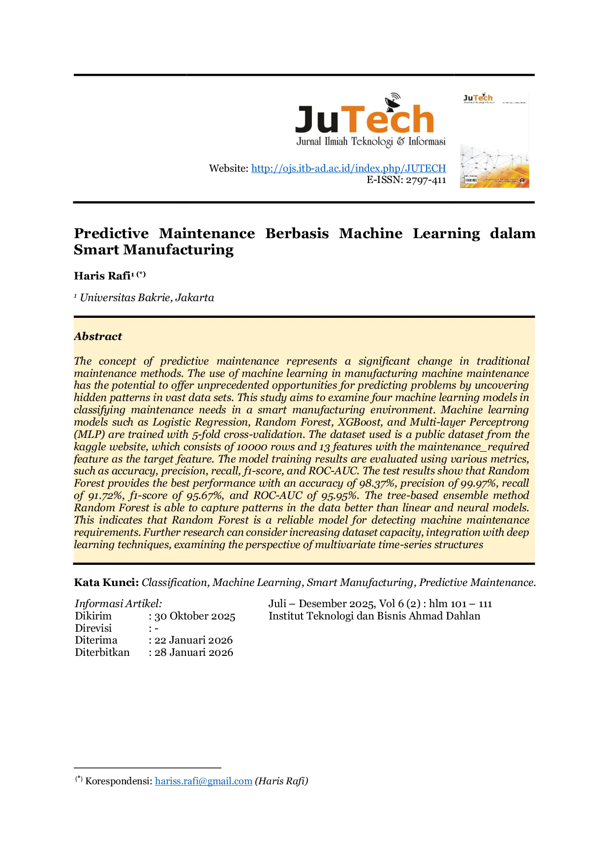 JURIS Predictive Maintenance Berbasis Machine Learning dalam Smart Manufacturing