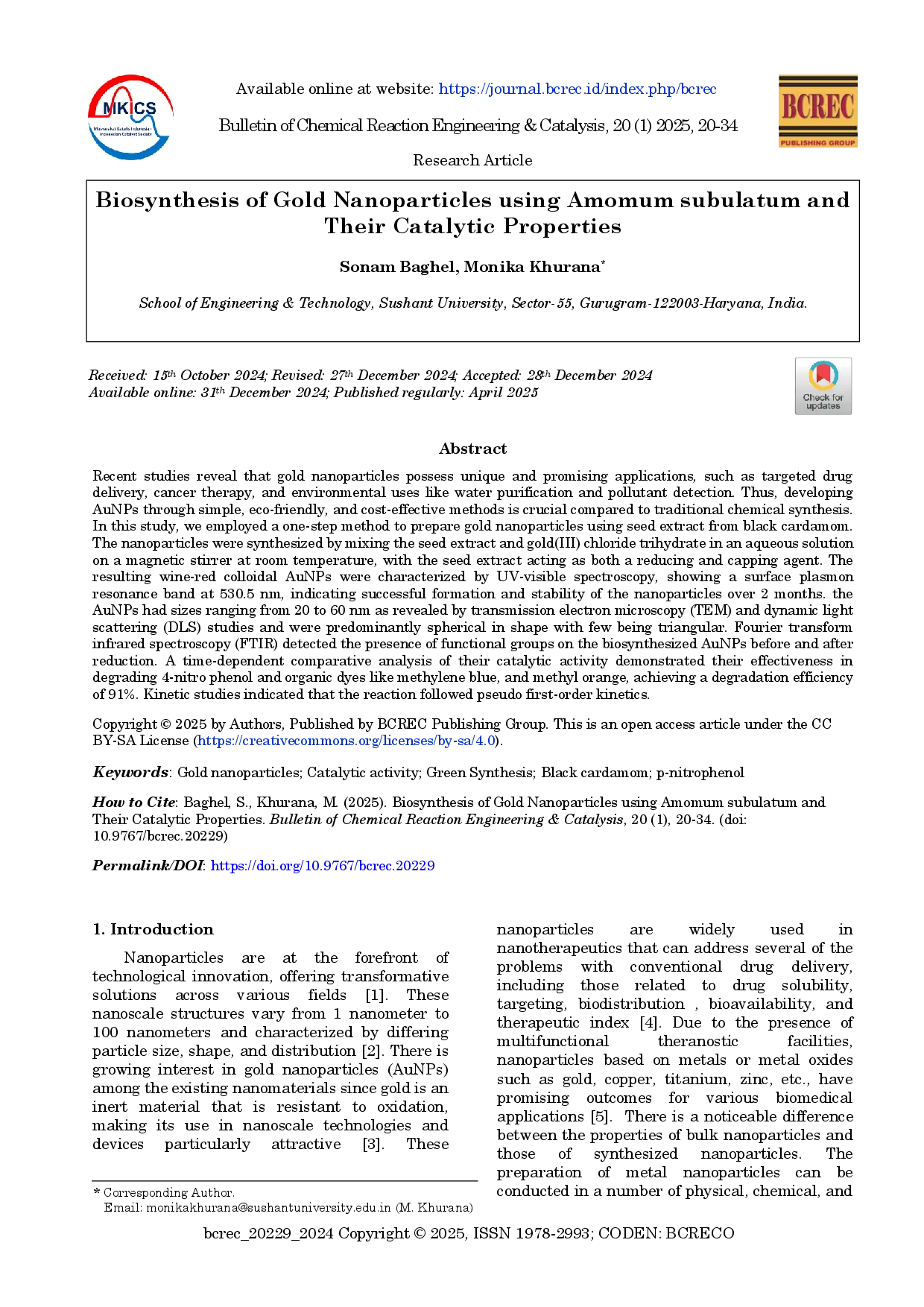 juris Biosintesis Nanopartikel Emas Menggunakan Amomum Subulatum dan Sifat Katalitiknya