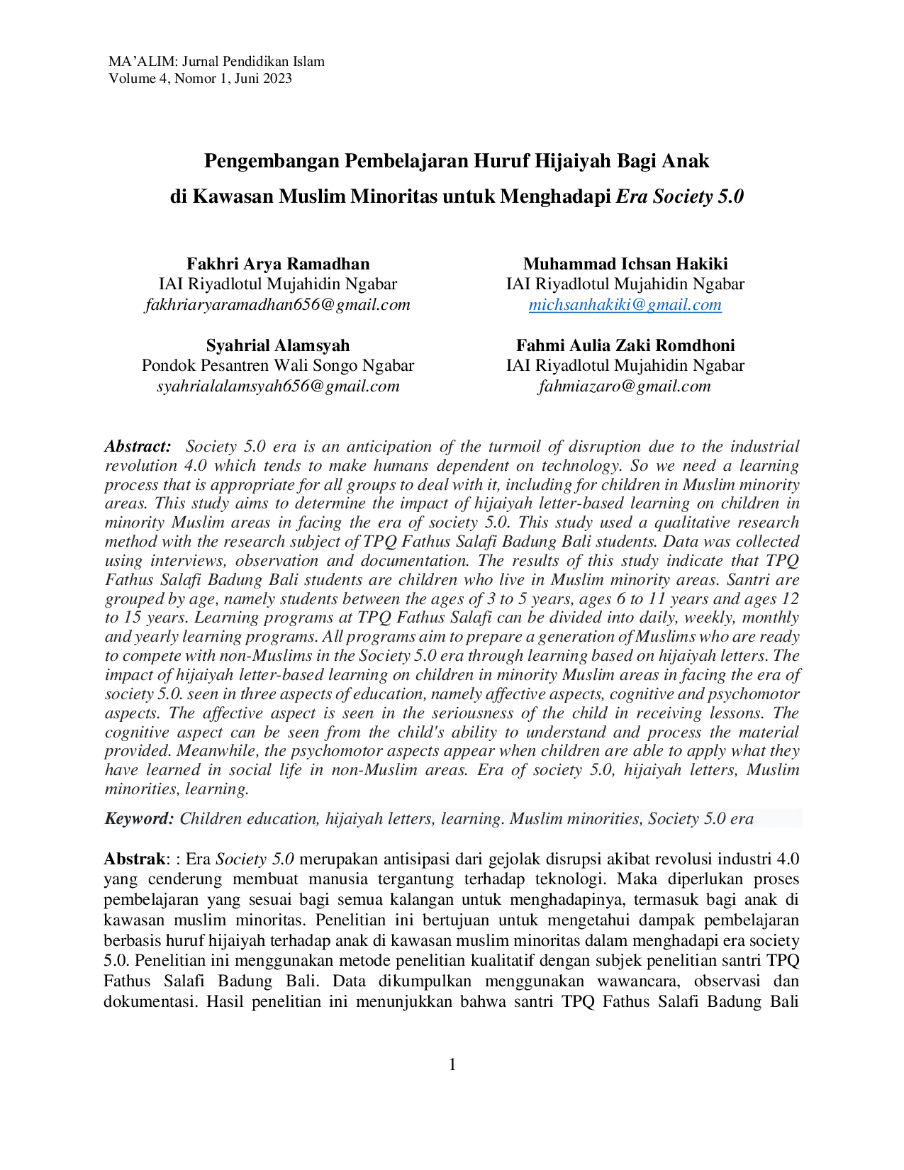 JURIS Pengembangan Pembelajaran Huruf Hijaiyah Bagi Anak di Kawasan Muslim Minoritas untuk Menghadapi Era Society 5 0