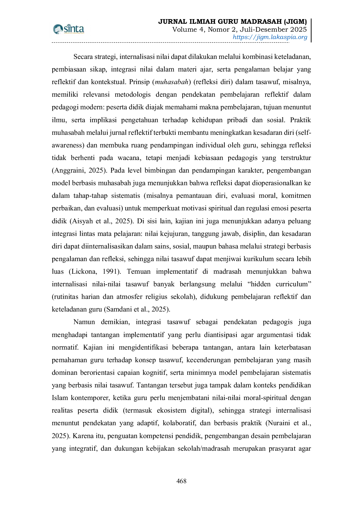 JURIS Tasawuf Sebagai Pendekatan Pedagogis Dalam Pembelajaran Berbasis Nilai Kajian Kepustakaan Dalam Pendidikan Islam