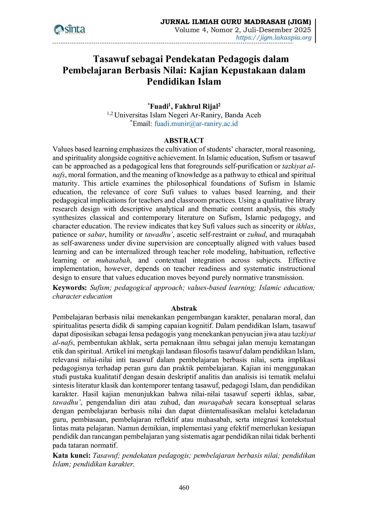 JURIS Tasawuf Sebagai Pendekatan Pedagogis Dalam Pembelajaran Berbasis Nilai Kajian Kepustakaan Dalam Pendidikan Islam