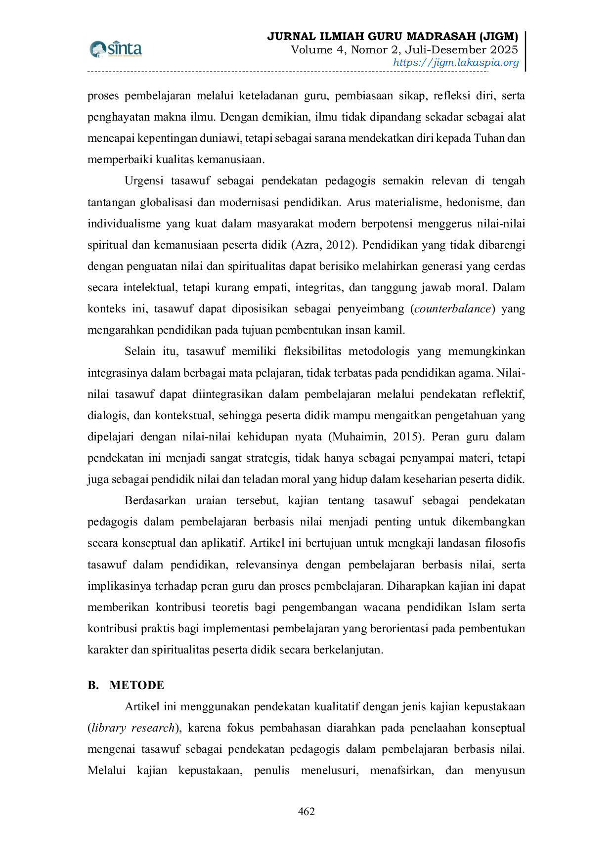 JURIS Tasawuf Sebagai Pendekatan Pedagogis Dalam Pembelajaran Berbasis Nilai Kajian Kepustakaan Dalam Pendidikan Islam