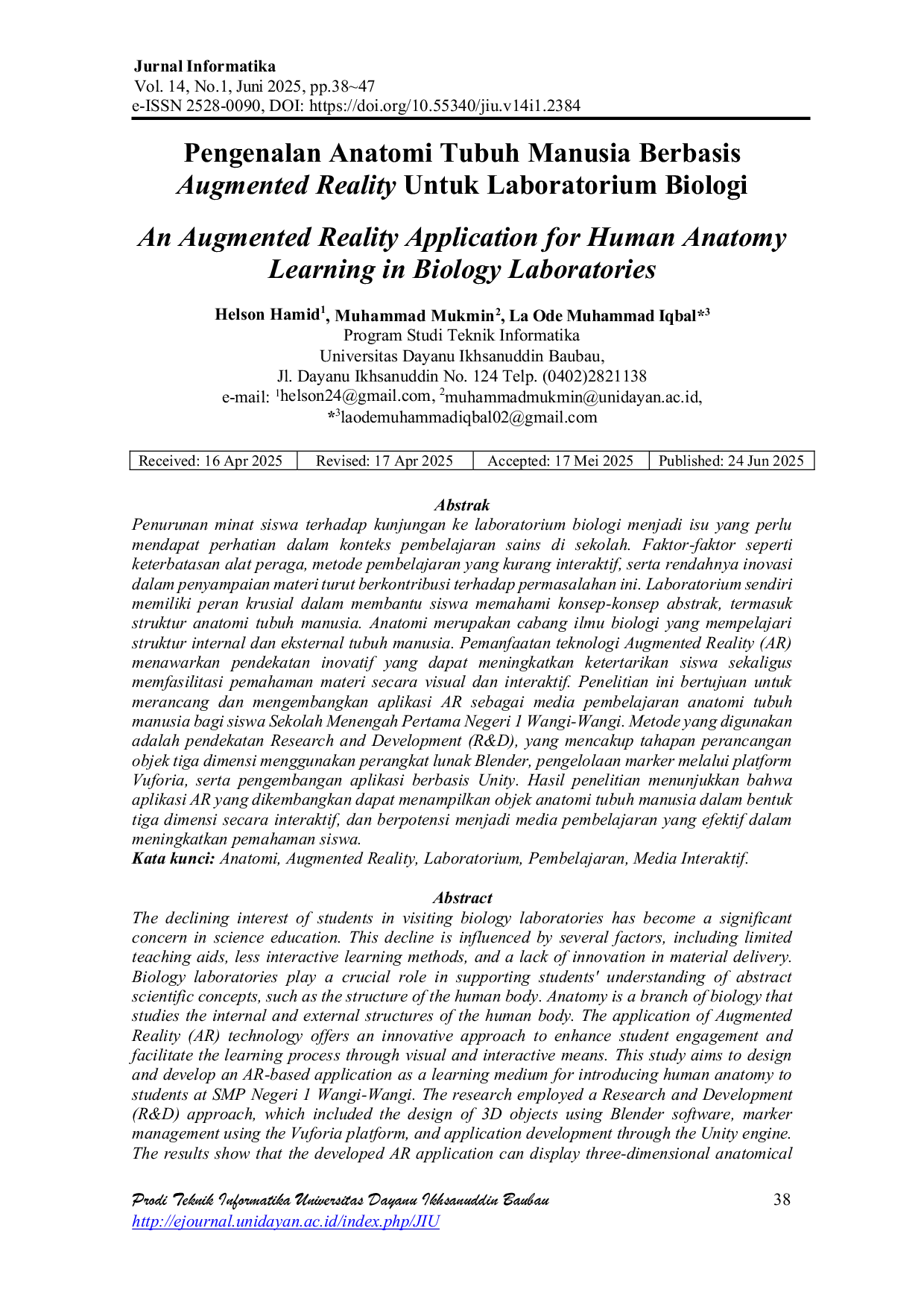 JURIS Pengenalan Anatomi Tubuh Manusia Berbasis Augmented Reality Untuk Laboratorium Biologi