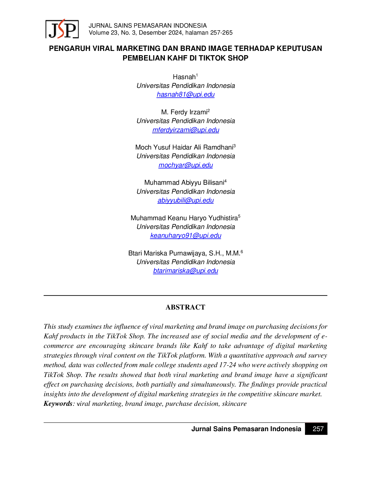 JURIS Pengaruh Viral Marketing dan Brand Image terhadap Keputusan Pembelian Kahf di TikTok Shop