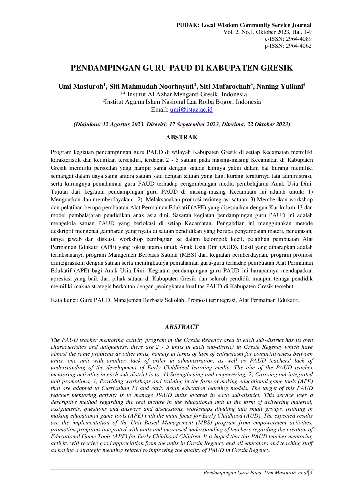 JURIS Settings for Early Childhood Education Teacher Assistance in Gresik Regency