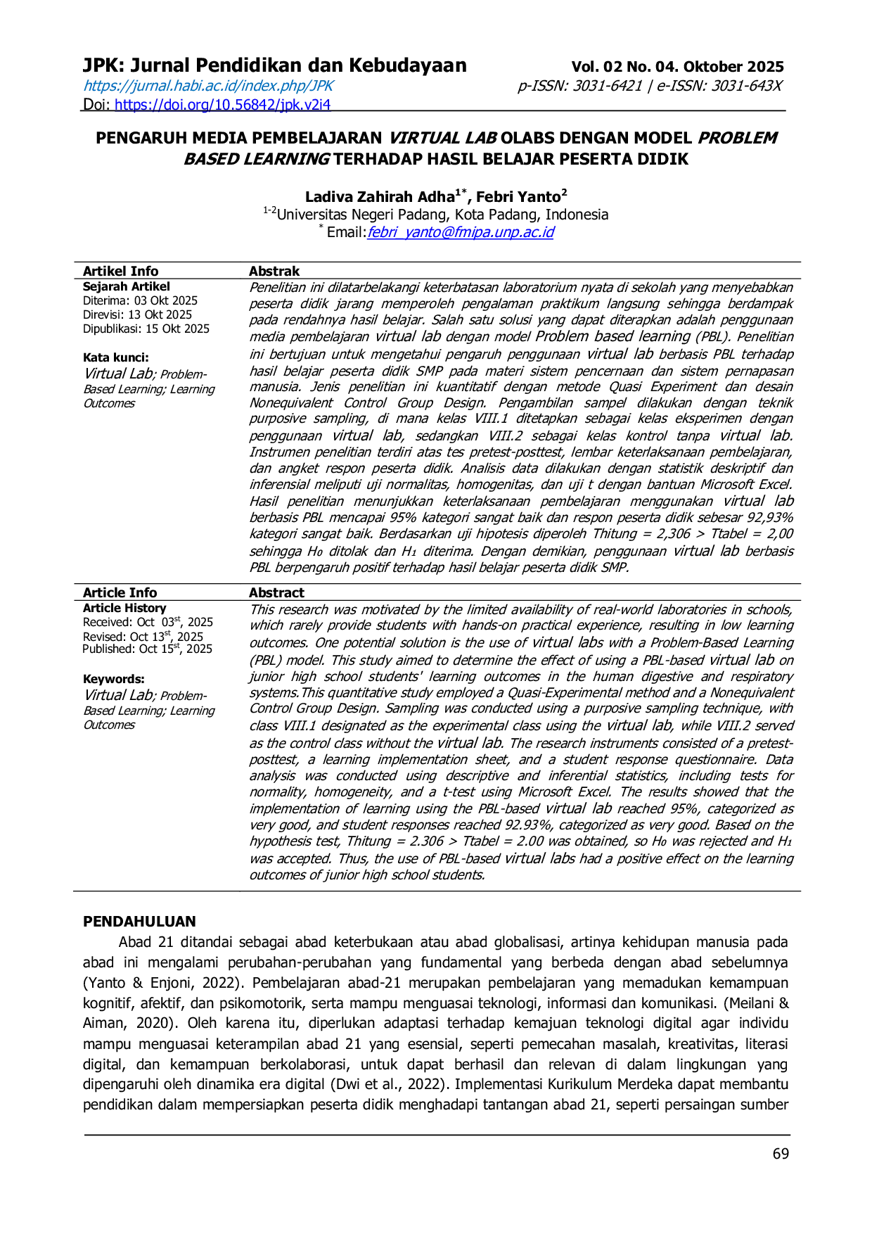 JURIS Pengaruh Media Pembelajaran Virtual Lab Olabs dengan Model Problem Based Learning Terhadap Hasil Belajar Peserta Didik