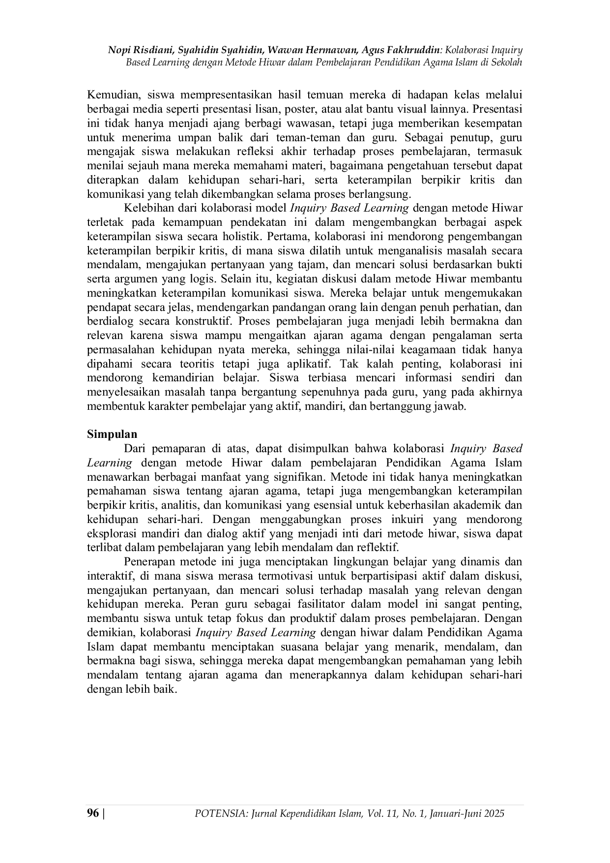 JURIS Kolaborasi Inquiry Based Learning dengan Metode Hiwar dalam Pembelajaran Pendidikan Agama Islam di Sekolah