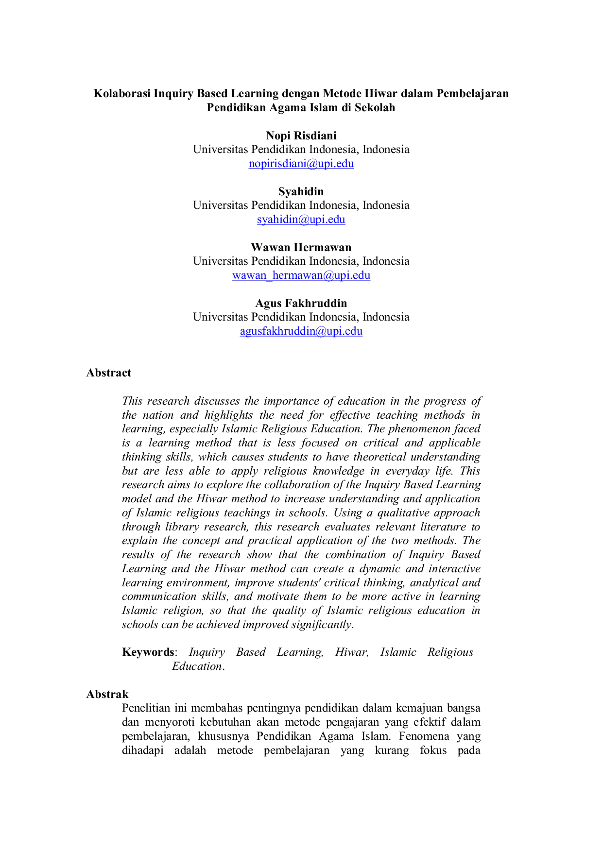 JURIS Kolaborasi Inquiry Based Learning dengan Metode Hiwar dalam Pembelajaran Pendidikan Agama Islam di Sekolah