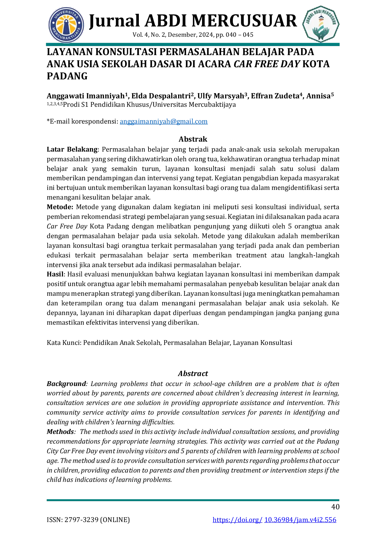 JURIS Layanan Konsultasi Permasalahan Belajar Pada Anak Usia Sekolah Dasar Di Acara Car Free Day Kota Padang