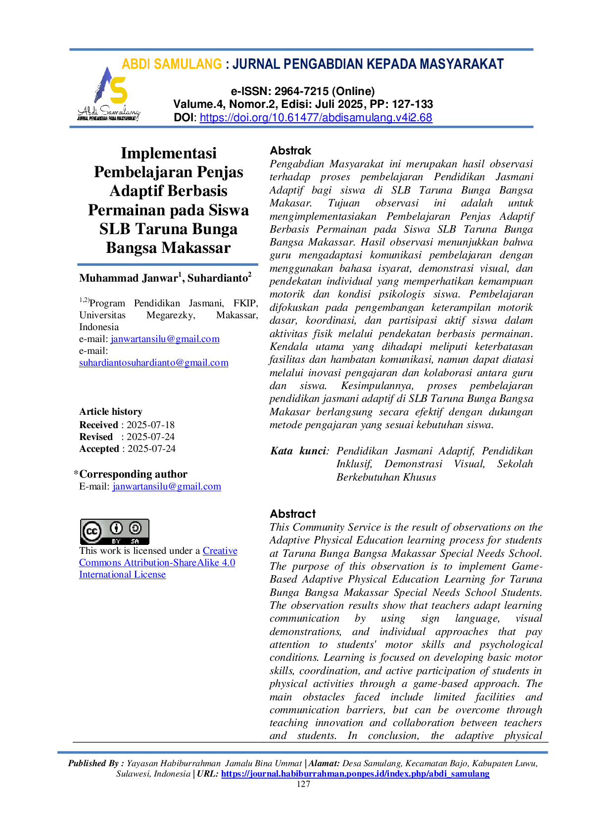 JURIS Implementasi Pembelajaran Penjas Adaptif Berbasis Permainan pada Siswa SLB Taruna Bunga Bangsa Makassar