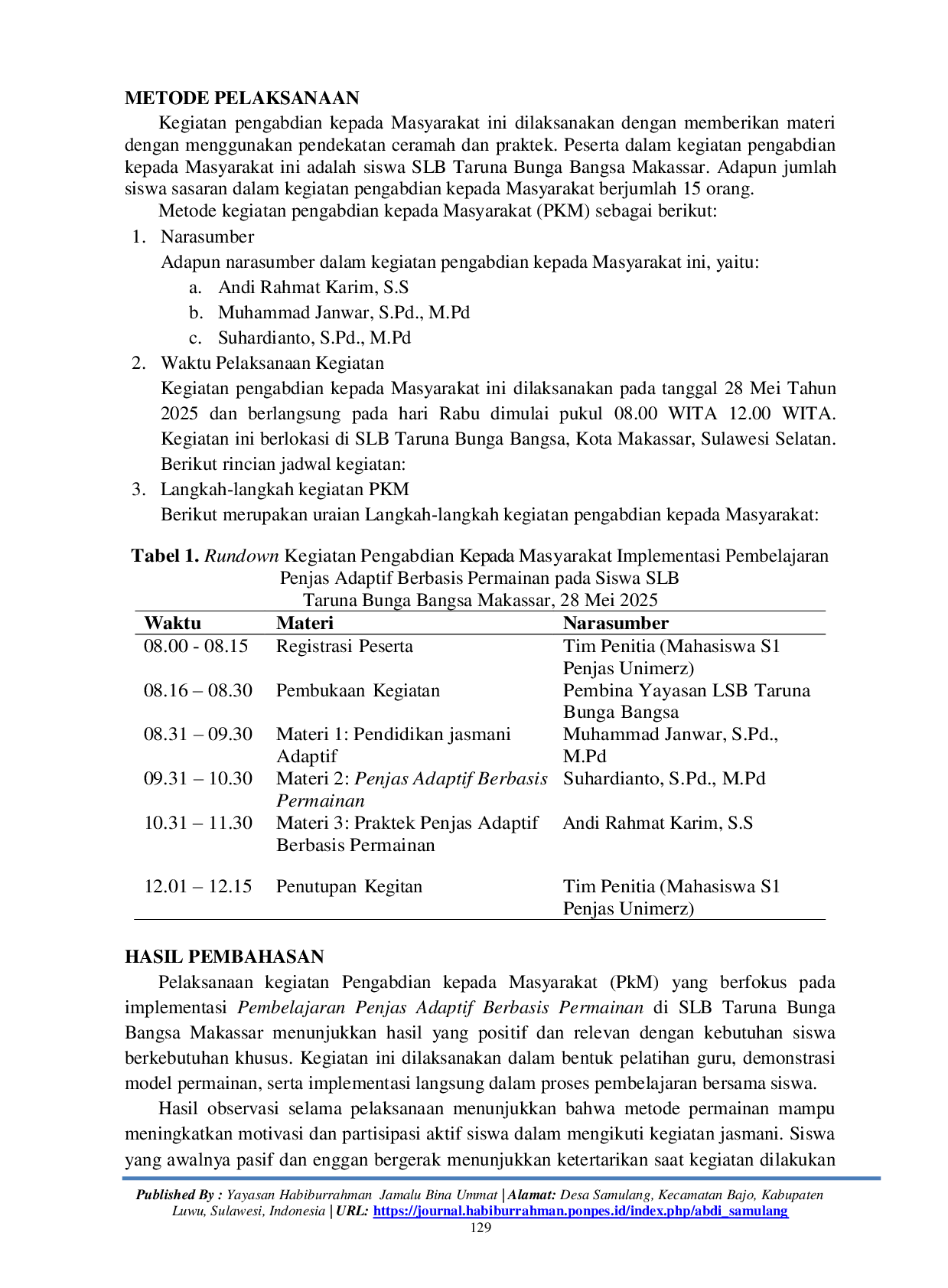 JURIS Implementasi Pembelajaran Penjas Adaptif Berbasis Permainan pada Siswa SLB Taruna Bunga Bangsa Makassar