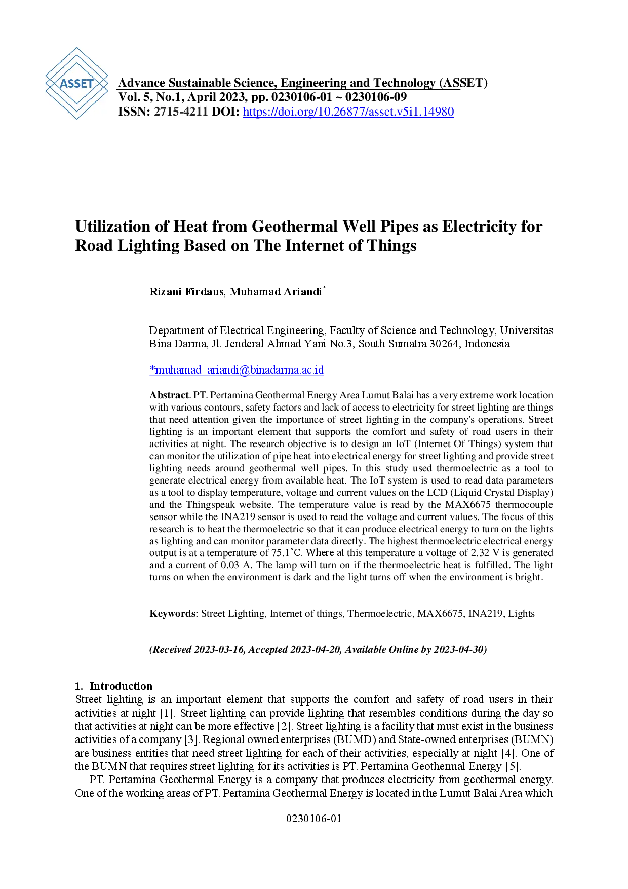 juris Utilization of Heat from Geothermal Well Pipes as Electricity for Road Lighting Based on The Internet of Things