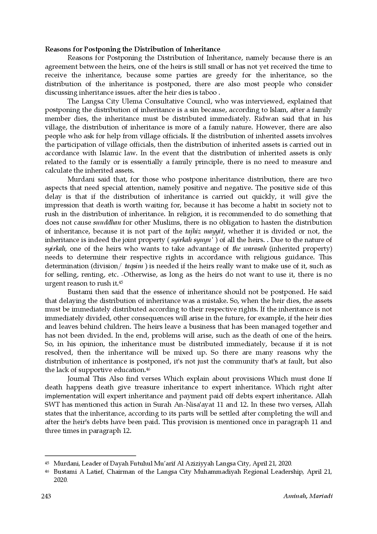 juris Implications of Postponing the Distribution of Inheritance from an Islamic Legal Perspective