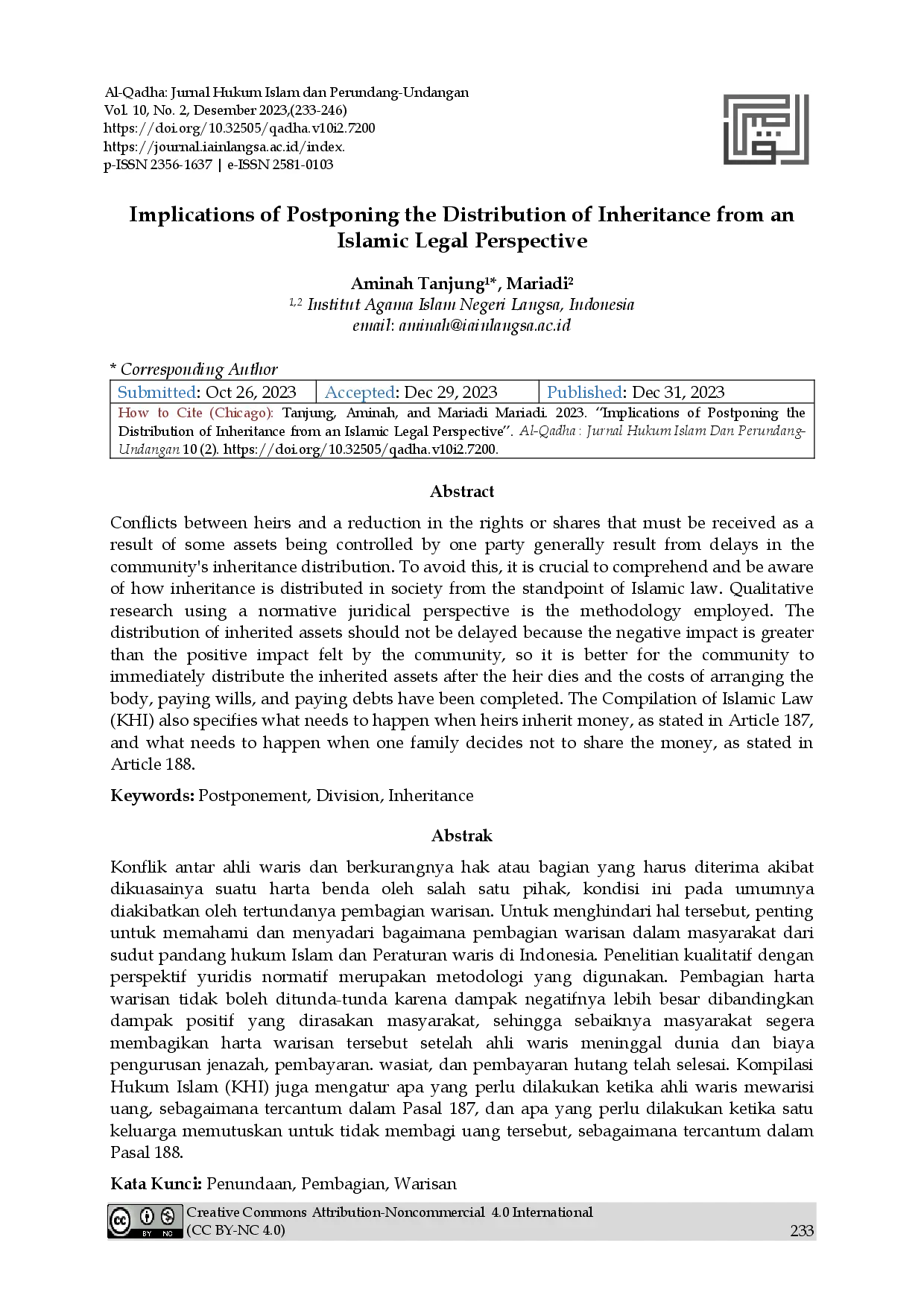 juris Implications of Postponing the Distribution of Inheritance from an Islamic Legal Perspective