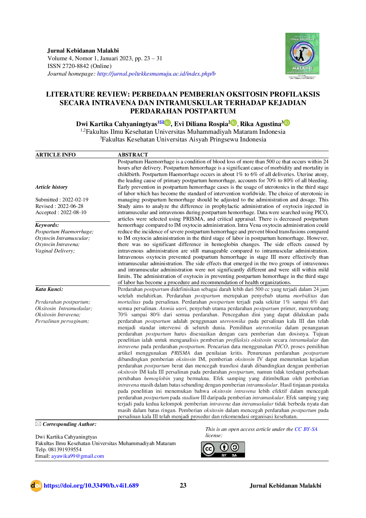 JURIS Literature Review Perbedaan Pemberian Oksitosin Profilaksis Secara Intravena dan Intramuskular Terhadap Kejadian Perdarahan Postpartum