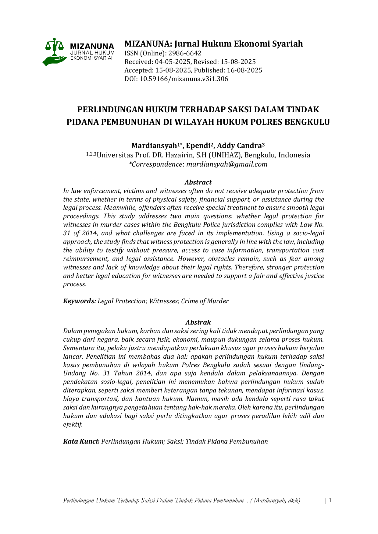 JURIS Perlindungan Hukum Terhadap Saksi Dalam Tindak Pidana Pembunuhan Di Wilayah Hukum Polres Bengkulu