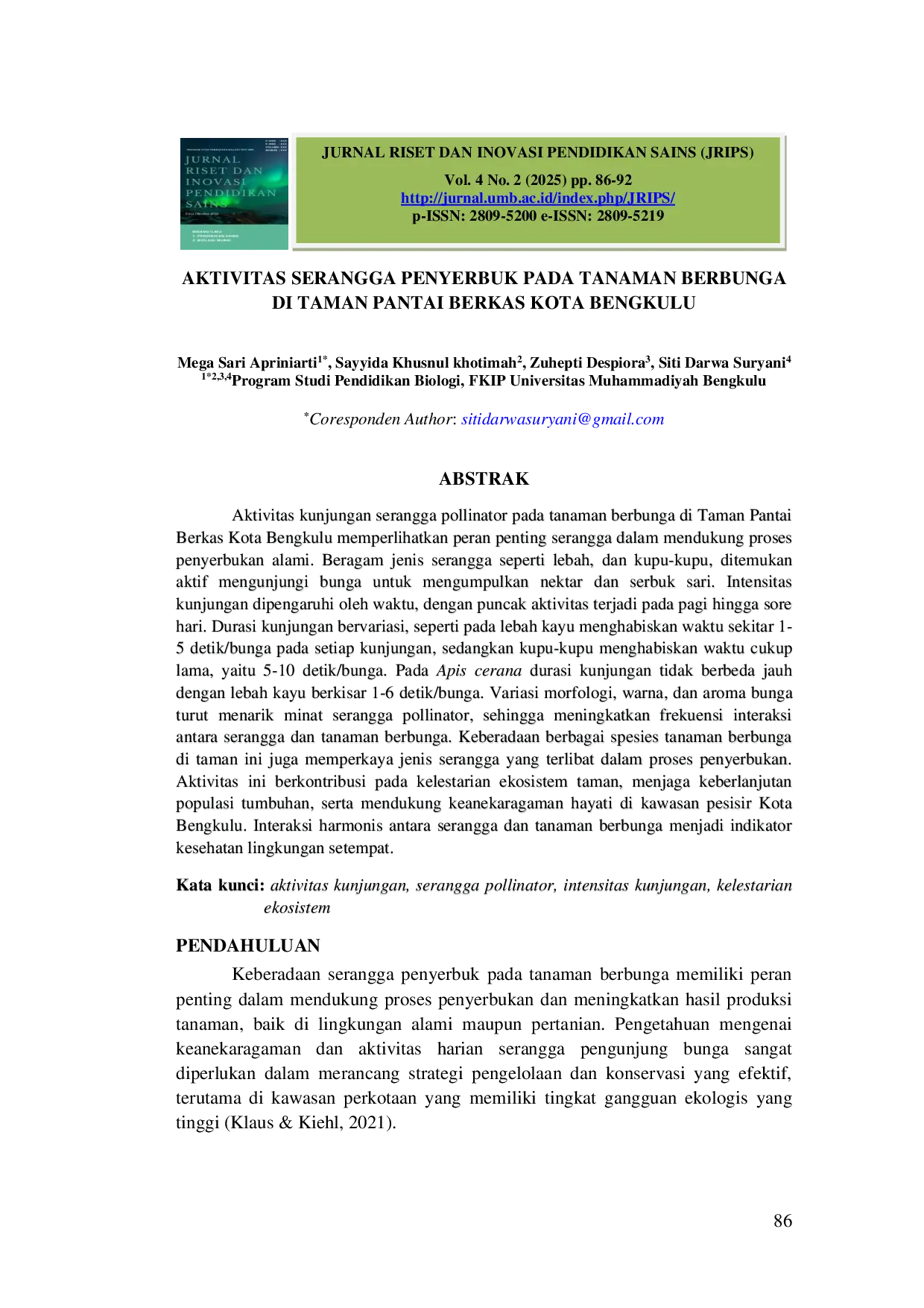 JURIS Aktivitas Serangga Penyerbuk Pada Tanaman Berbunga Di Taman Pantai Berkas Kota Bengkulu