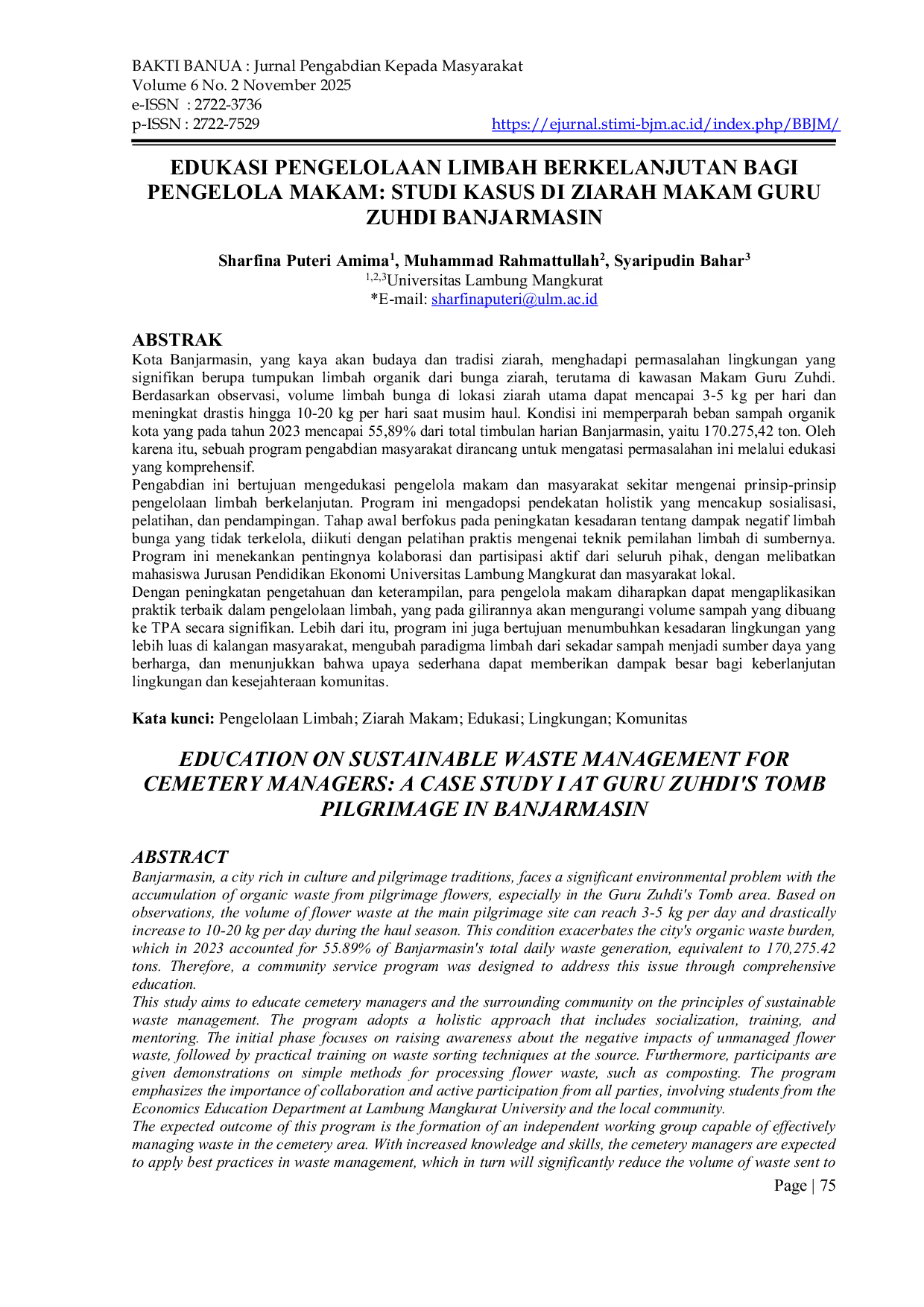 JURIS Edukasi Pengelolaan Limbah Berkelanjutan Bagi Pengelola Makam Studi Kasus Di Ziarah Makam Guru Zuhdi Banjarmasin