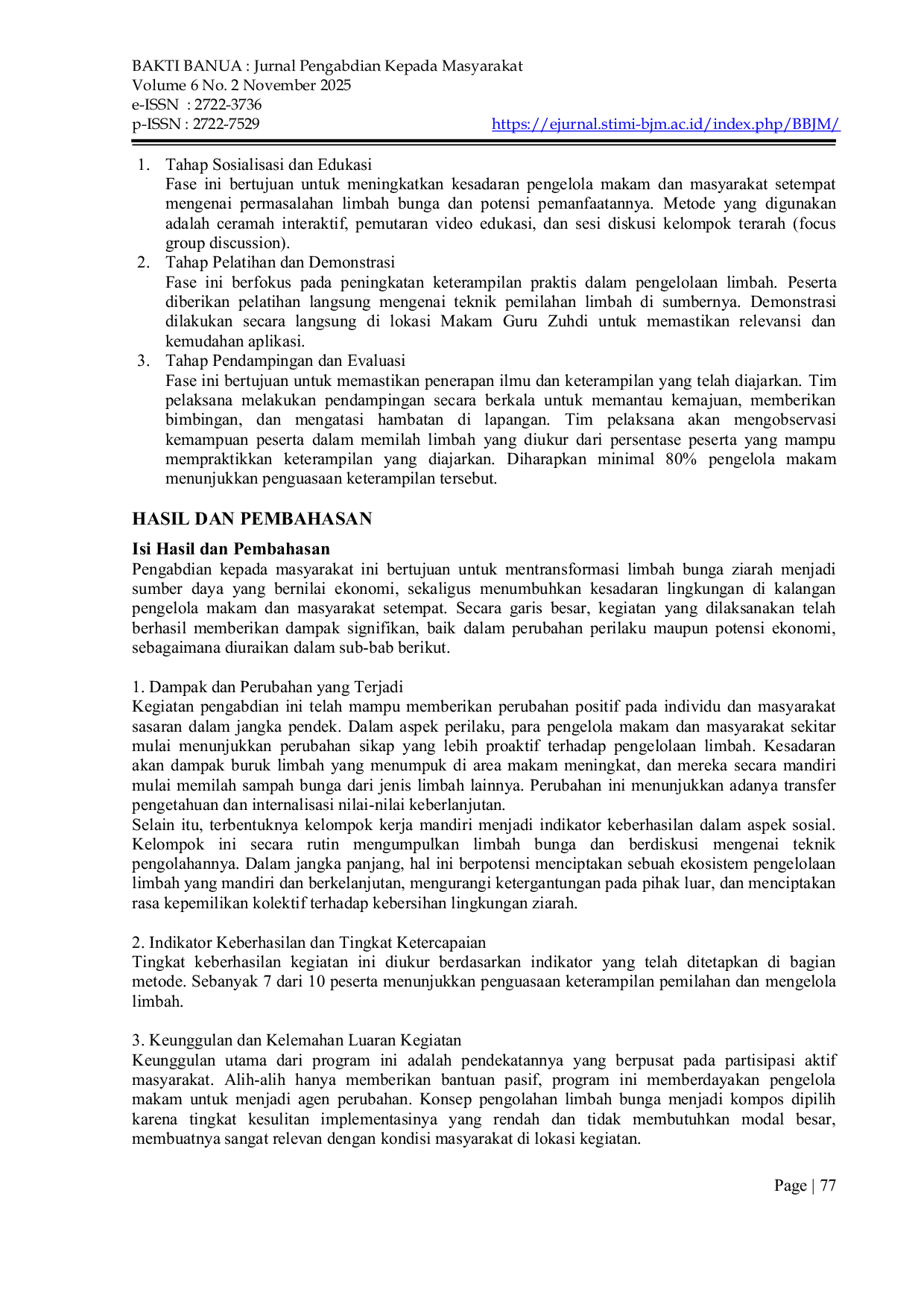 JURIS Edukasi Pengelolaan Limbah Berkelanjutan Bagi Pengelola Makam Studi Kasus Di Ziarah Makam Guru Zuhdi Banjarmasin