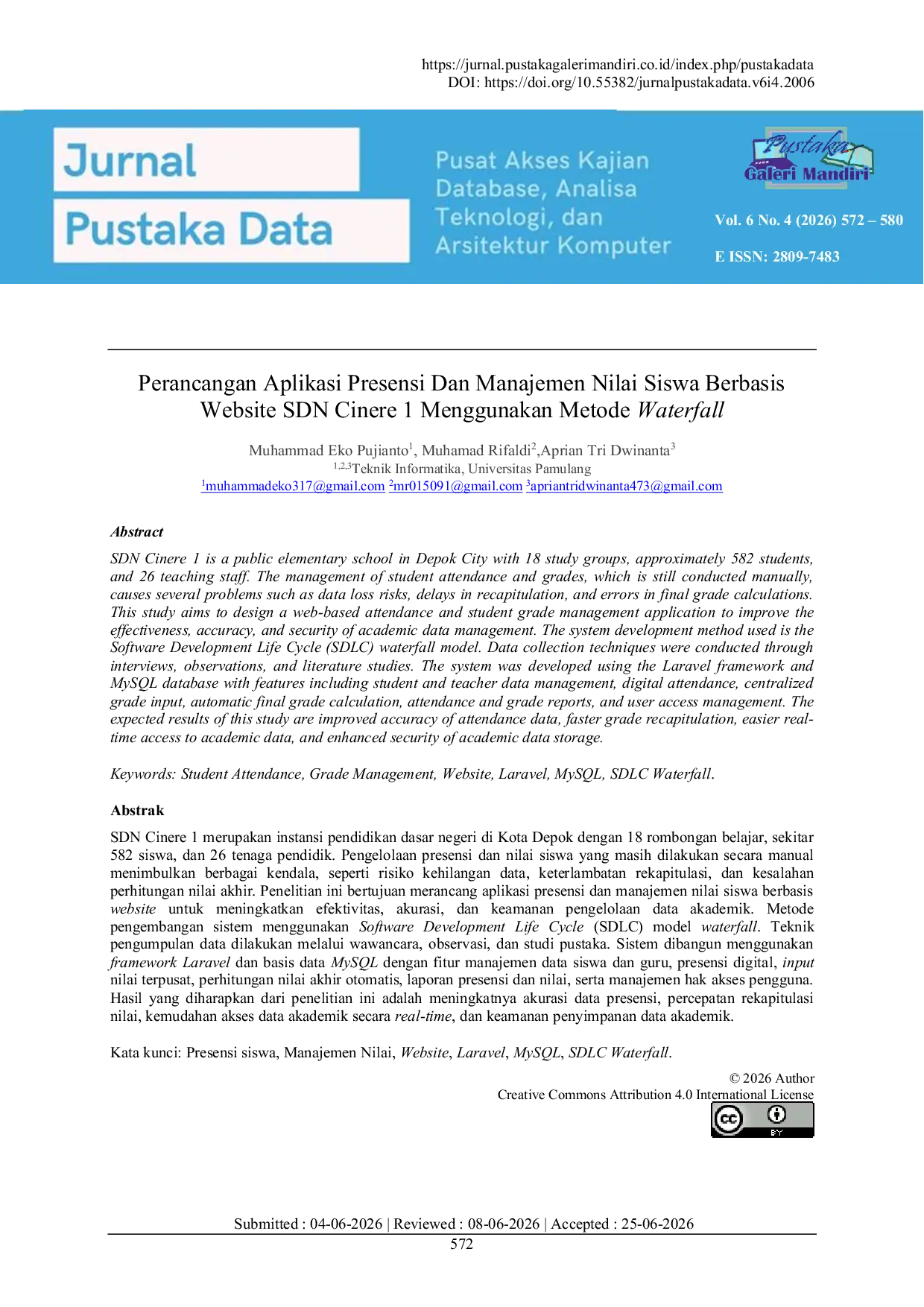 JURIS Implementasi Sistem Informasi Presensi Dan Manajemen Nilai Siswa Berbasis Web Di SDN Cinere 1 Menggunakan Metode Waterfall