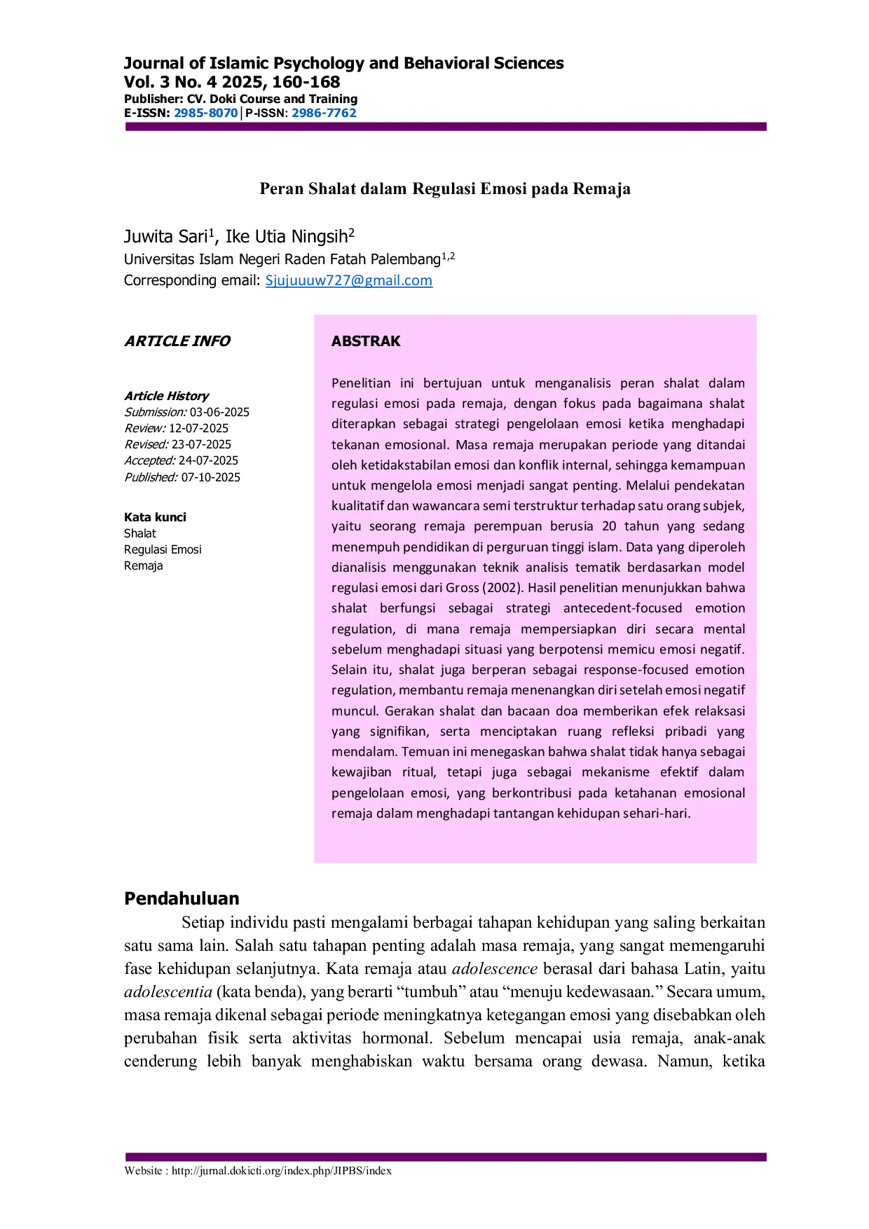 JURIS Peran Shalat dalam Regulasi Emosi pada Remaja