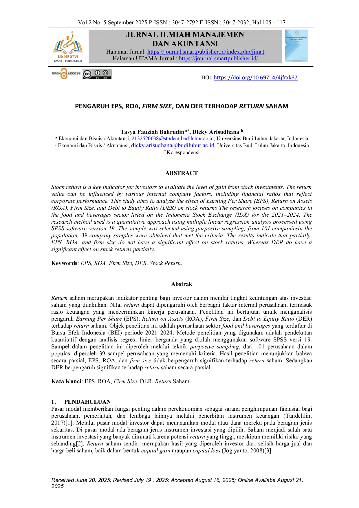 JURIS Pengaruh EPS ROA Firm Size dan DER Terhadap Return Saham